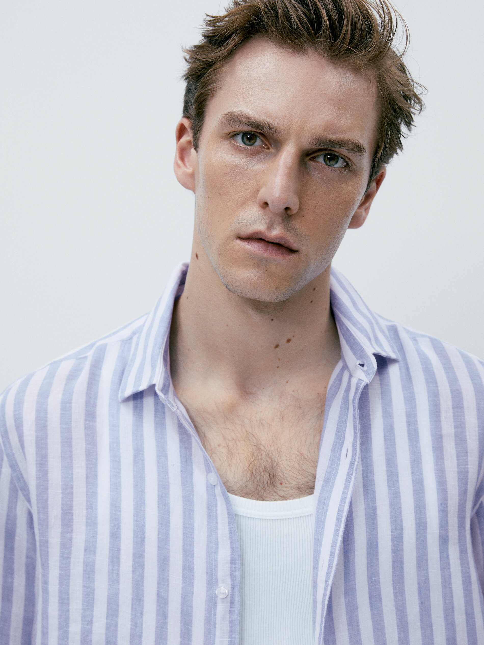 Camisa rayas anchas 100% lino slim fit - CELESTE