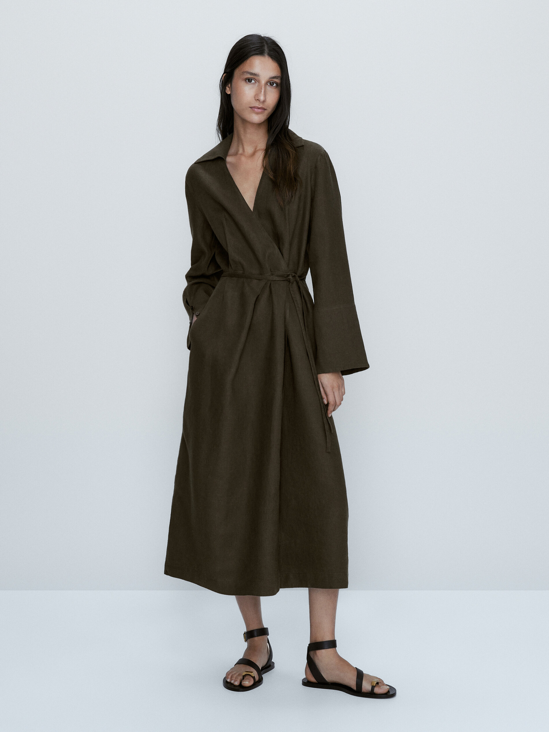 Vestido largo camisero lino - VERDE OSCURO