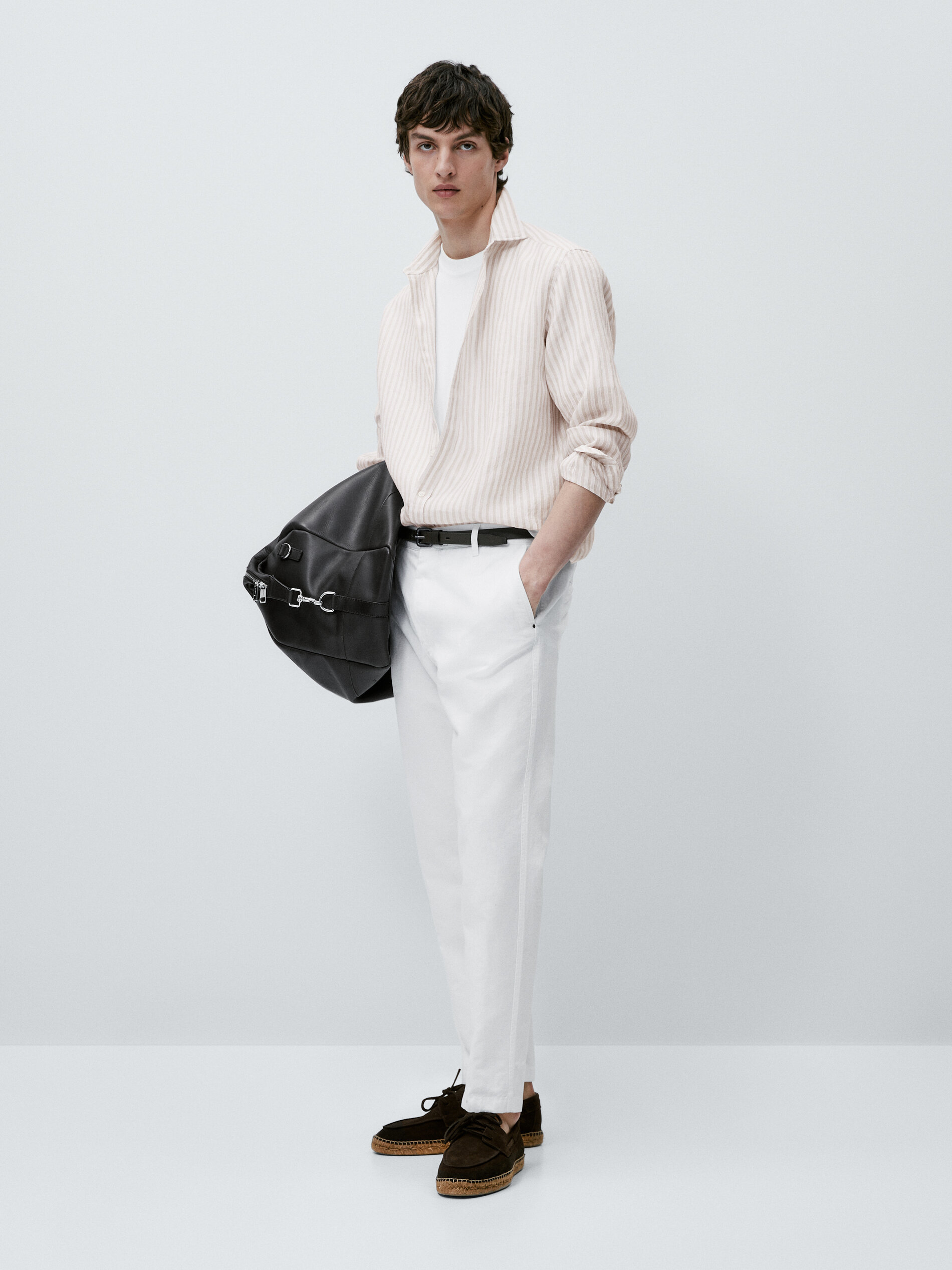 Camisa rayas mezcla lino algodón slim fit - BEIGE