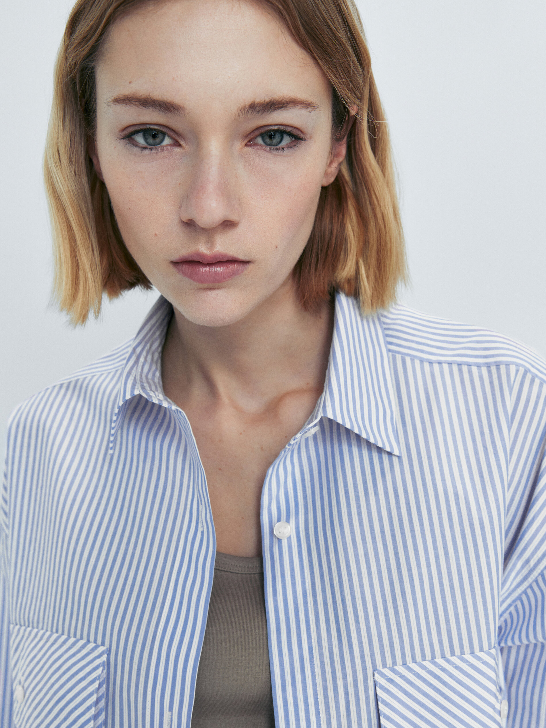 Camisa popelín rayas bolsillos - CELESTE