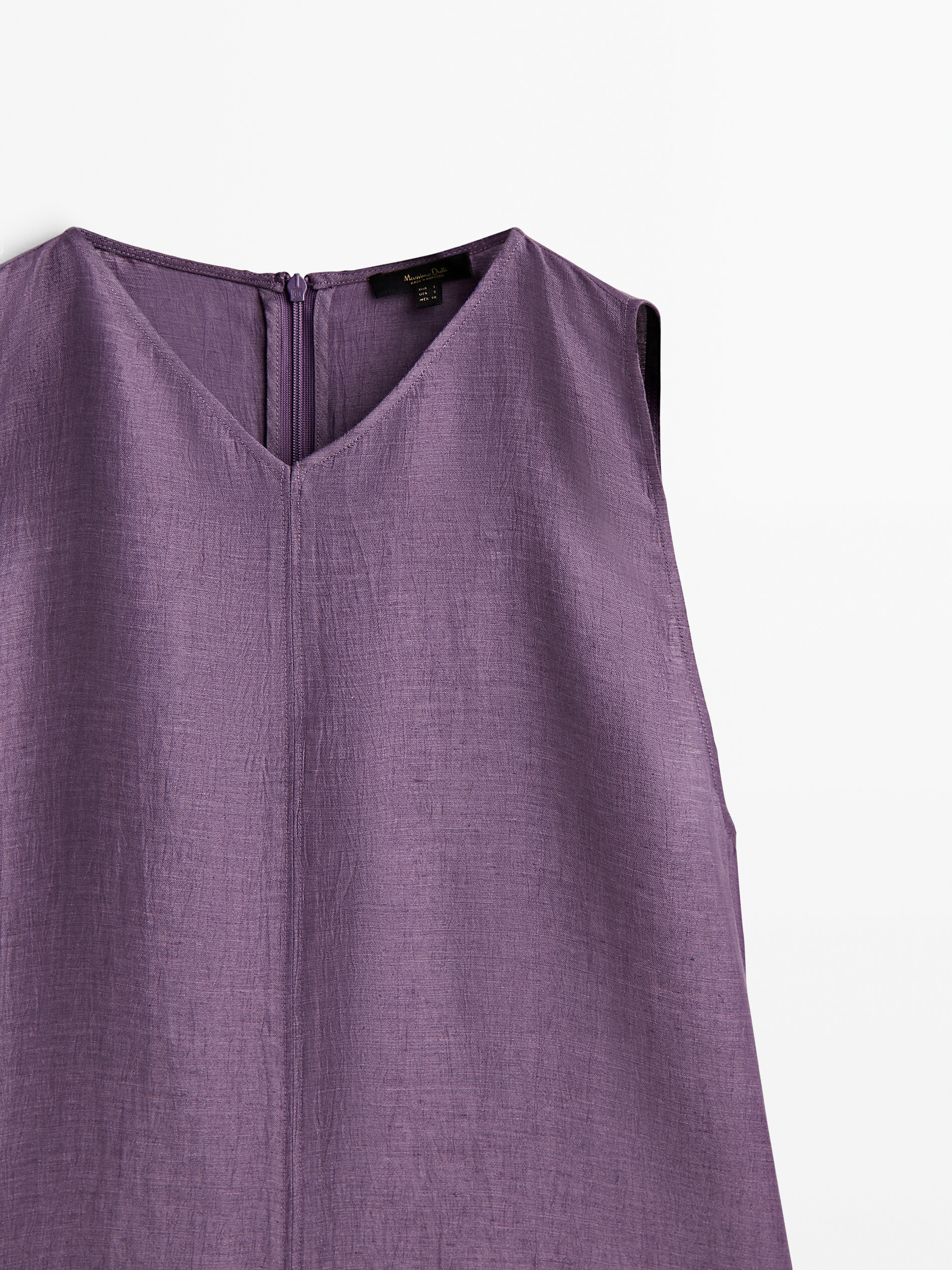 Vestido mezcla lino cuello pico - MORADO