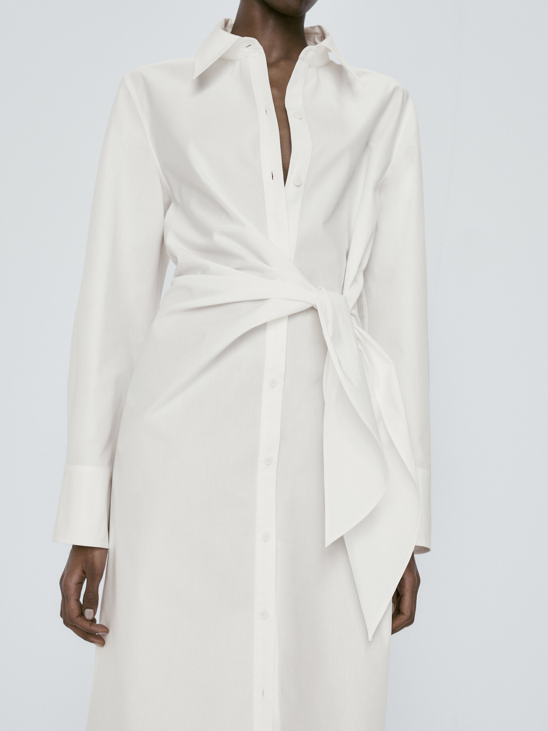 Vestido camisero popelín detalle nudo - BLANCO