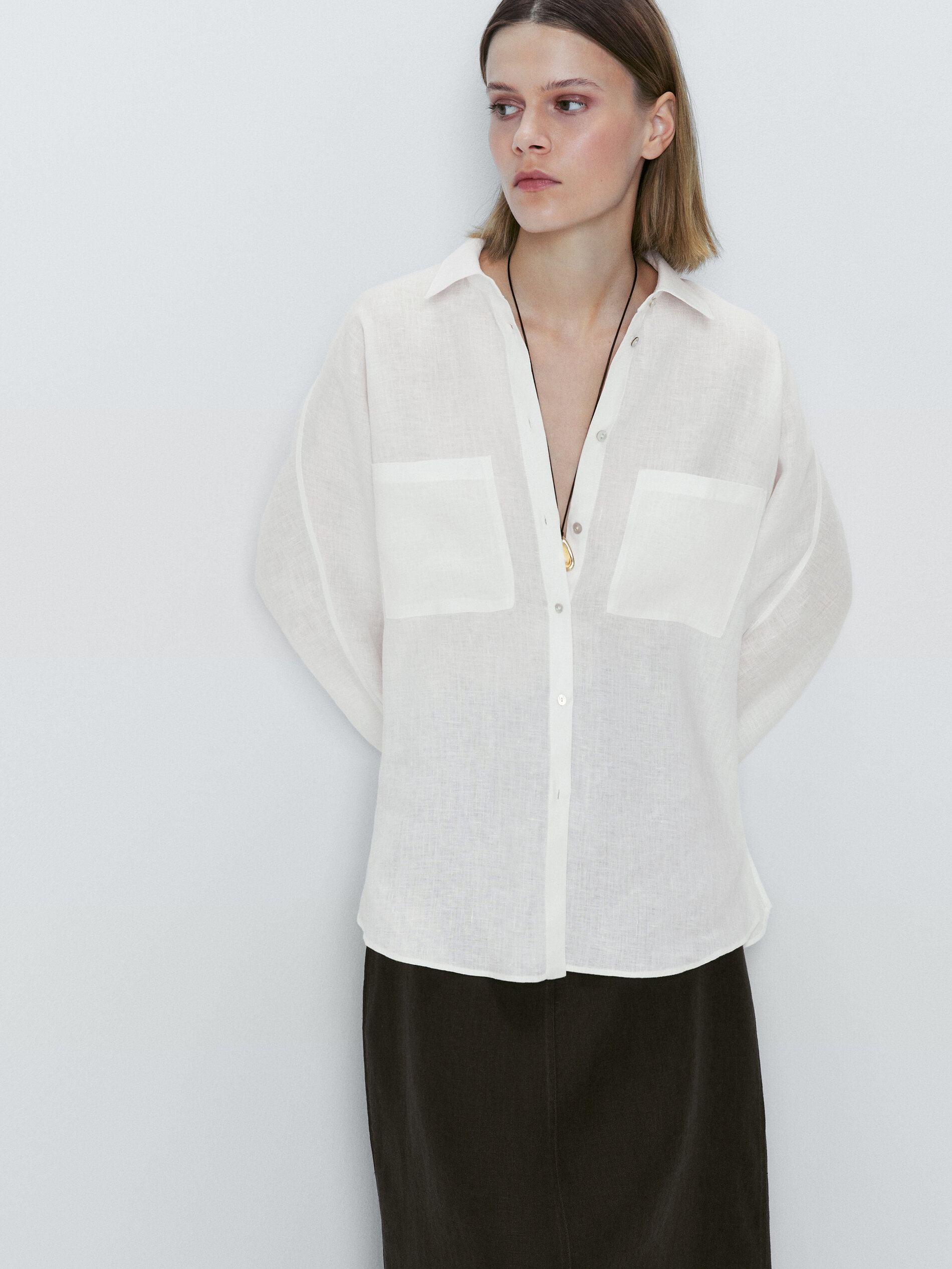 Camisa 100% lino bolsillos - BLANCO