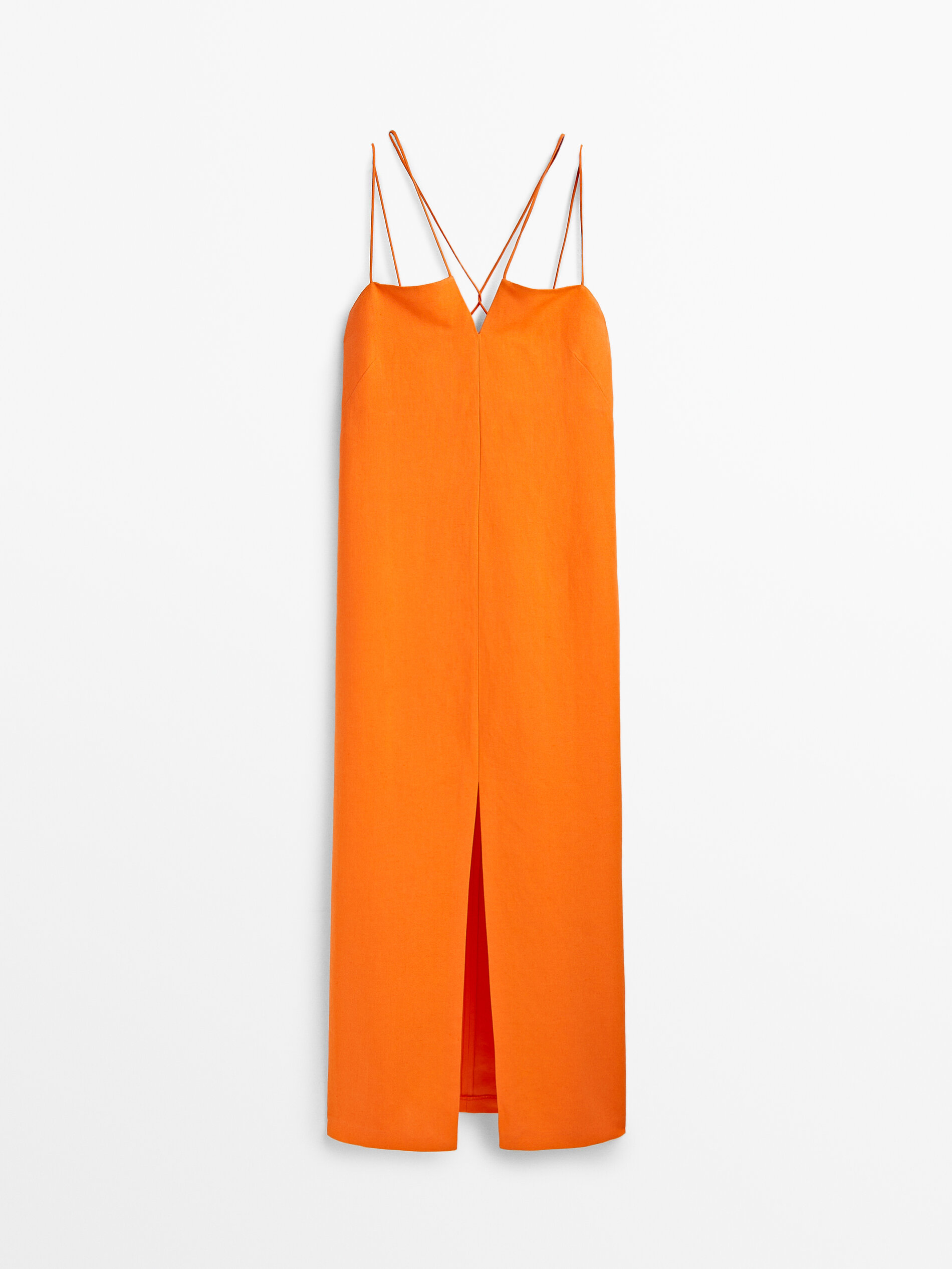 Vestido con lino tirantes abertura - NARANJA
