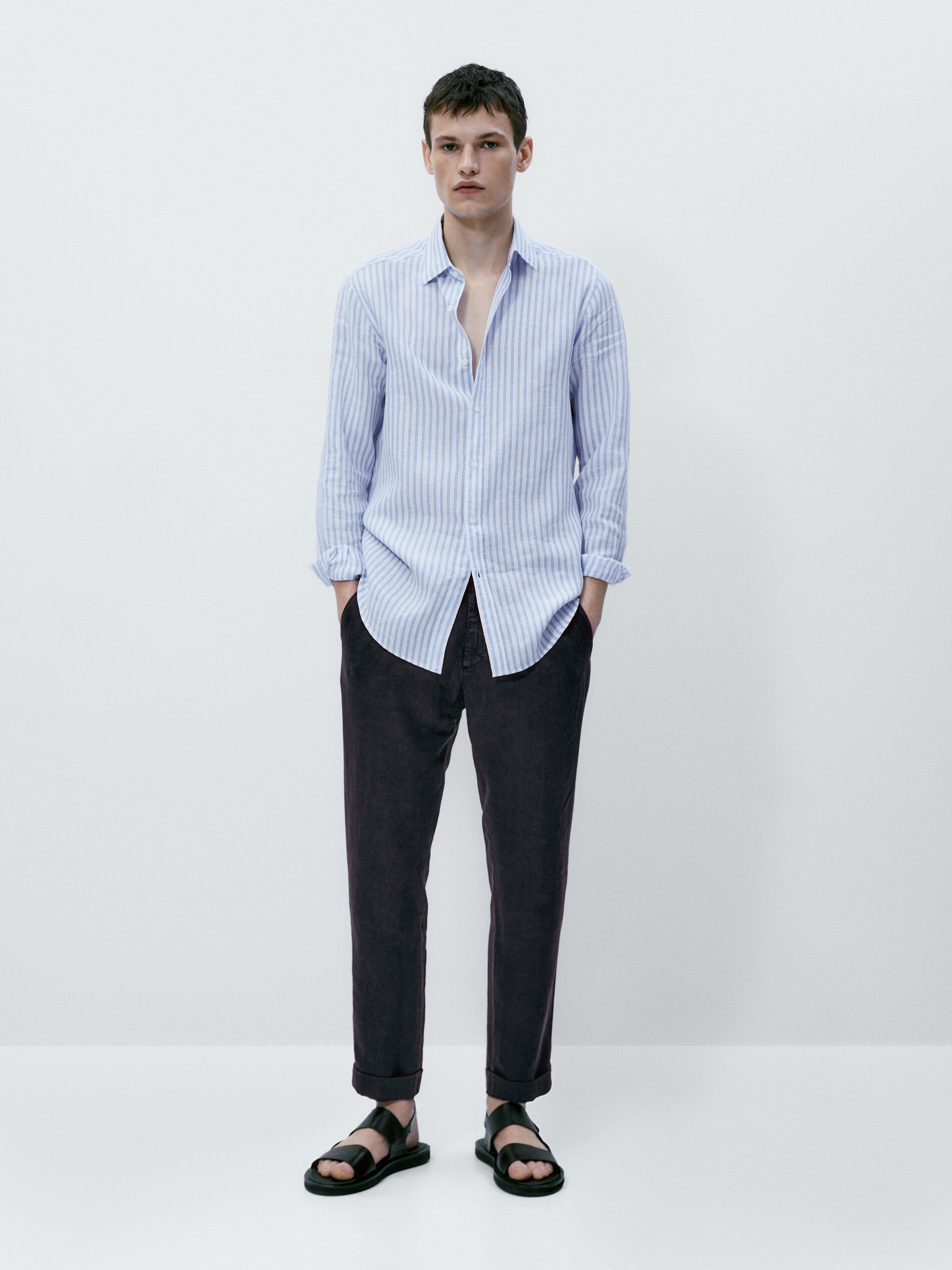 Camisa rayas mezcla lino algodón slim fit - CELESTE