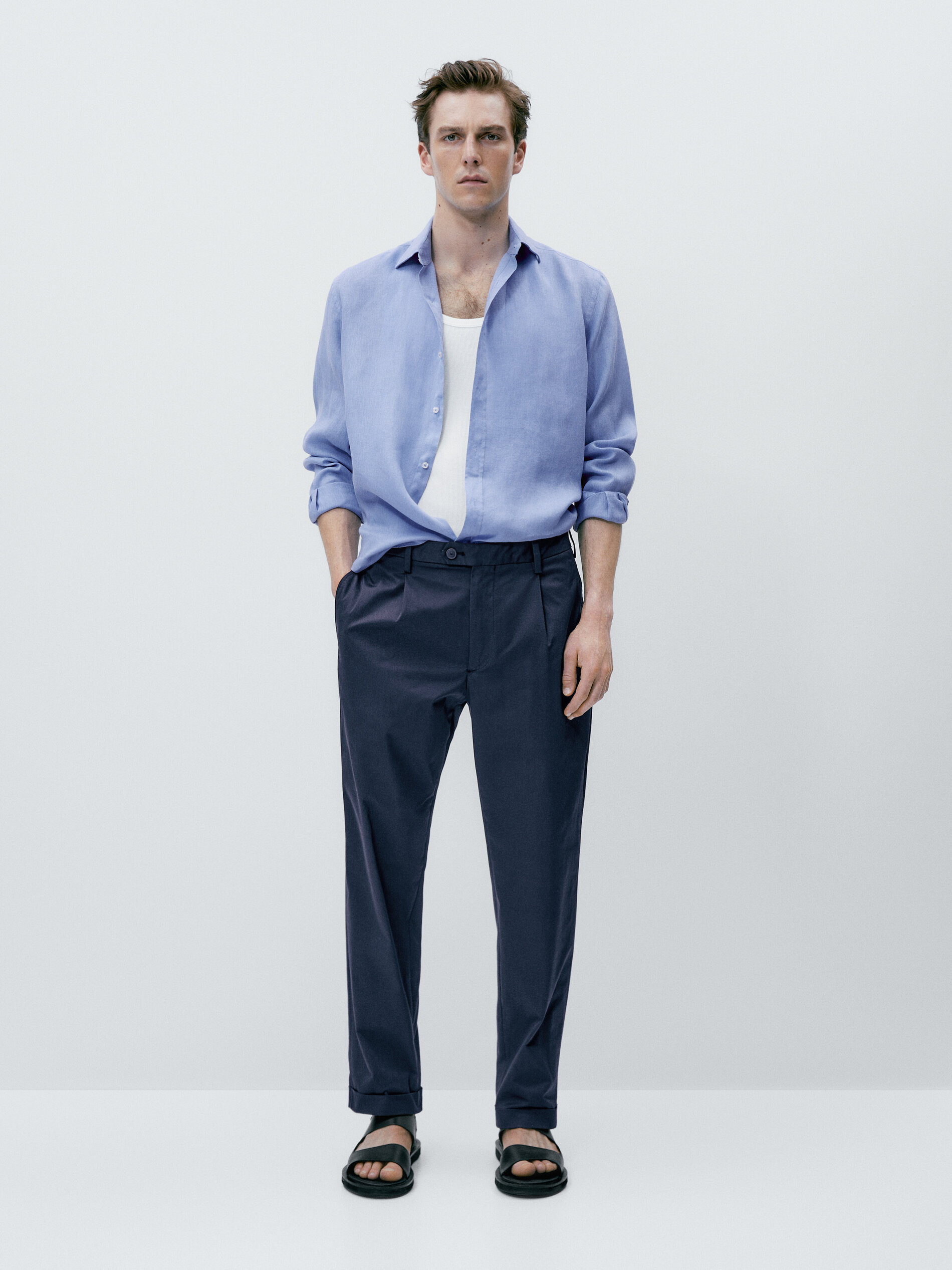 Camisa 100% lino slim fit - AZUL MEDIO