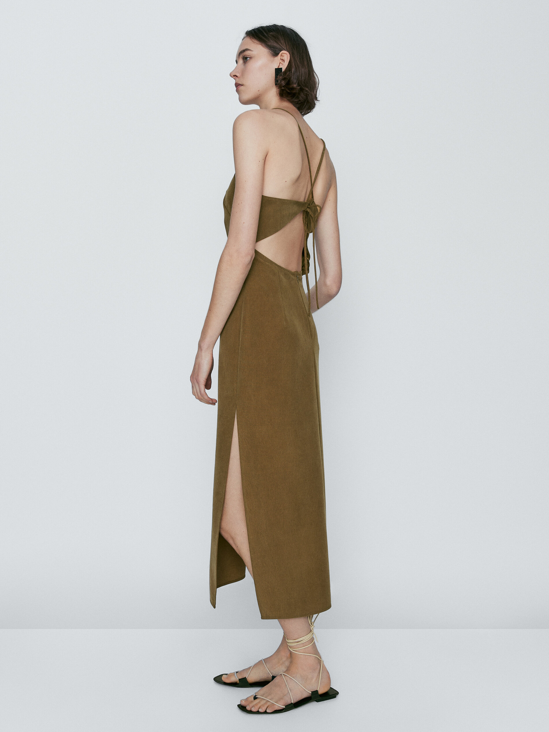 Vestido midi tirantes cupro abertura espalda - KAKI