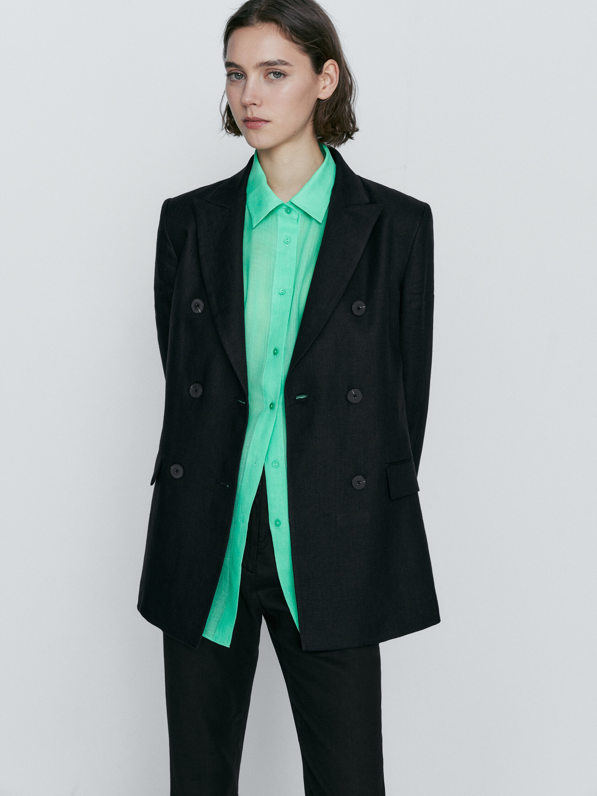 Pantalón traje mezcla lino stretch - NEGRO