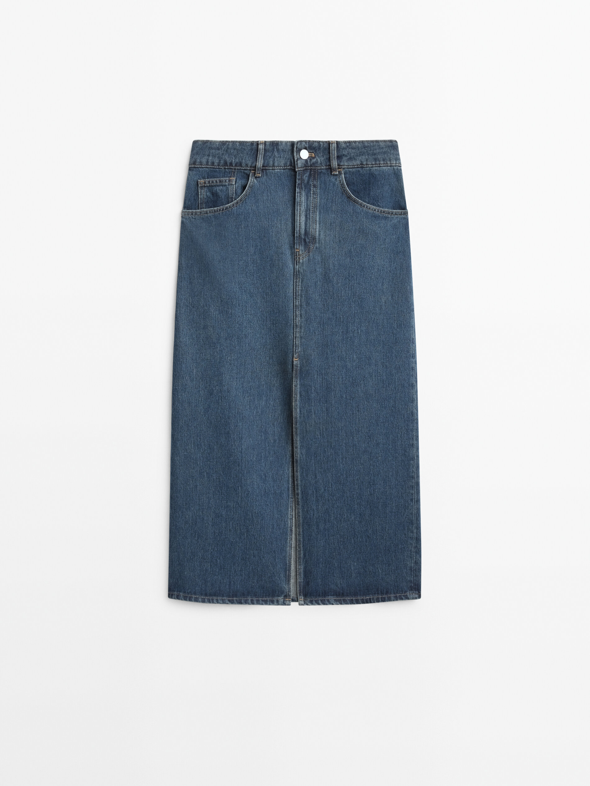 Falda midi denim tiro alto - AZUL MEDIO