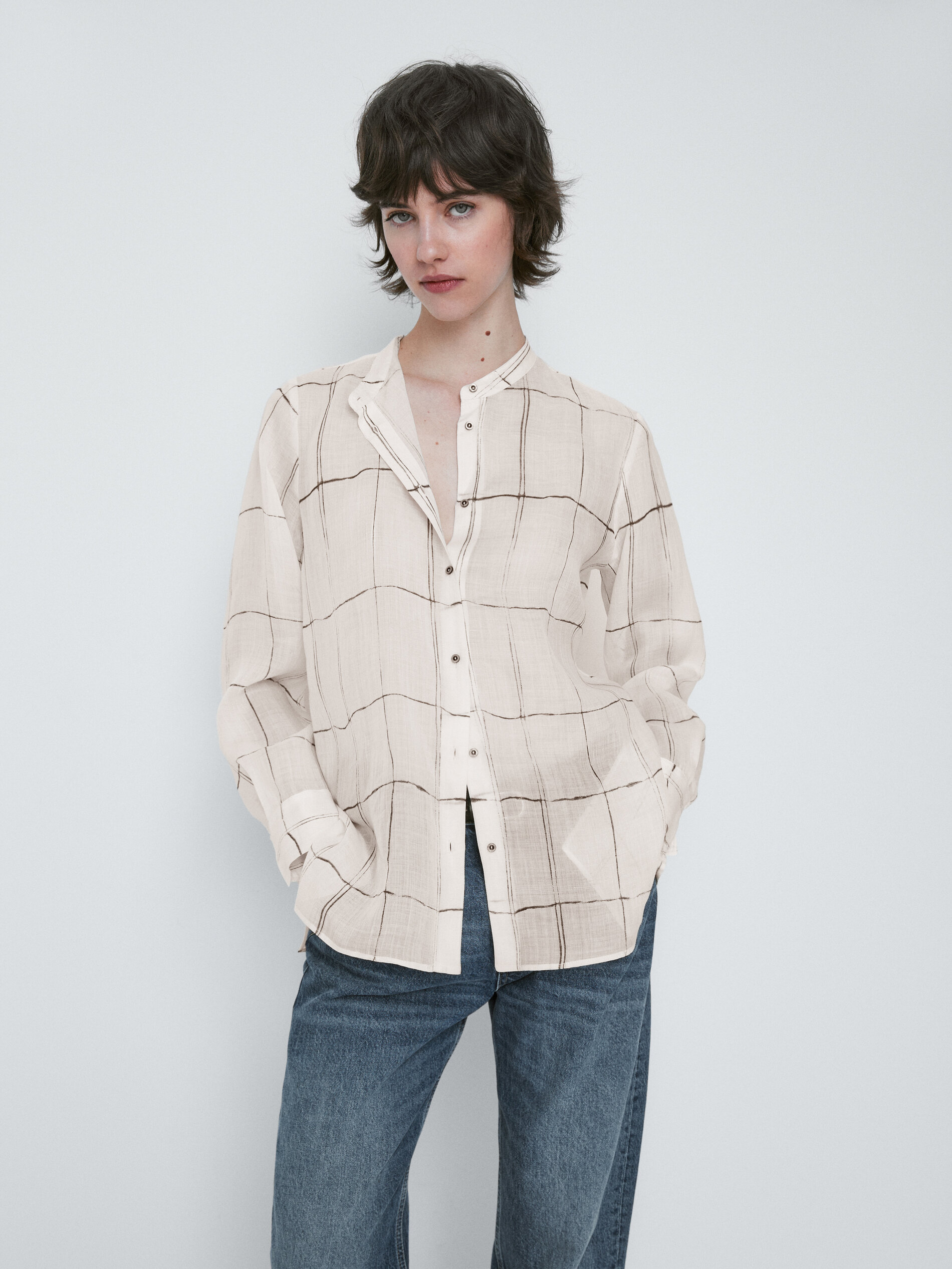 Camisa estampado cuadros cuello mao - CRUDO