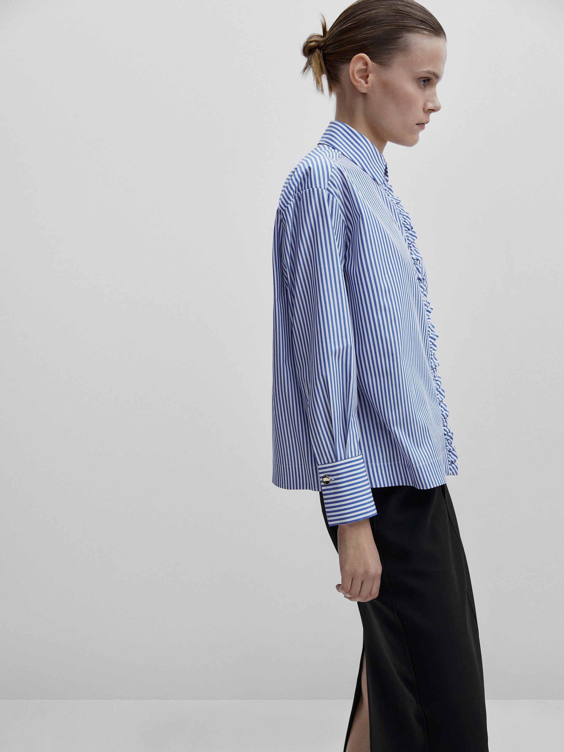 Camisa rayas popelín detalle volante -Studio - AZUL MARINO