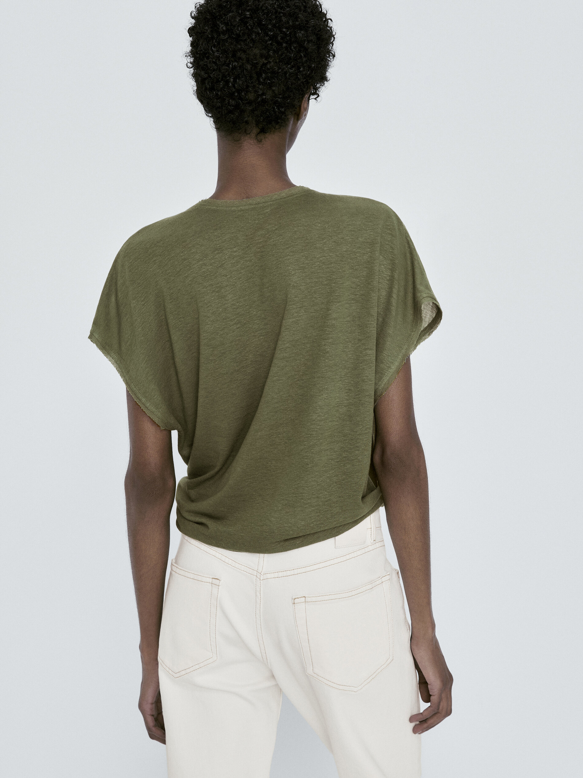 Camiseta mezcla lino nudo frontal - KAKI CLARO