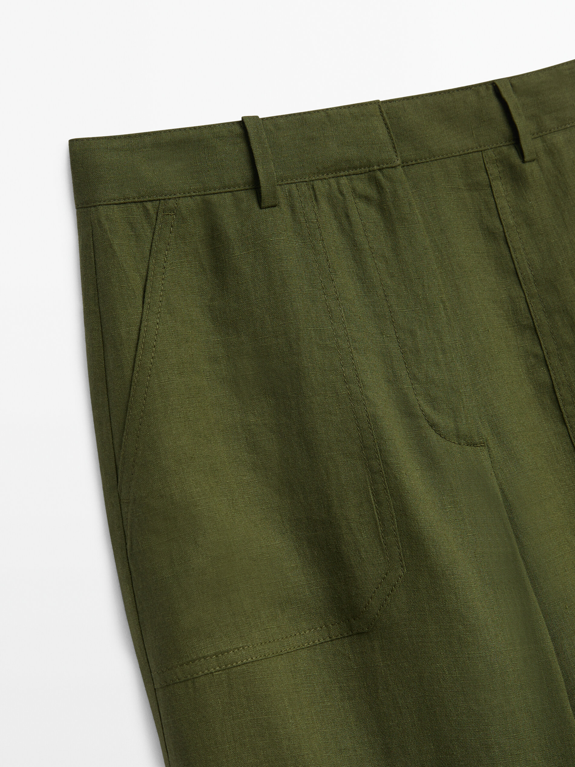 Pantalón cropped 100% lino bolsillos - VERDE