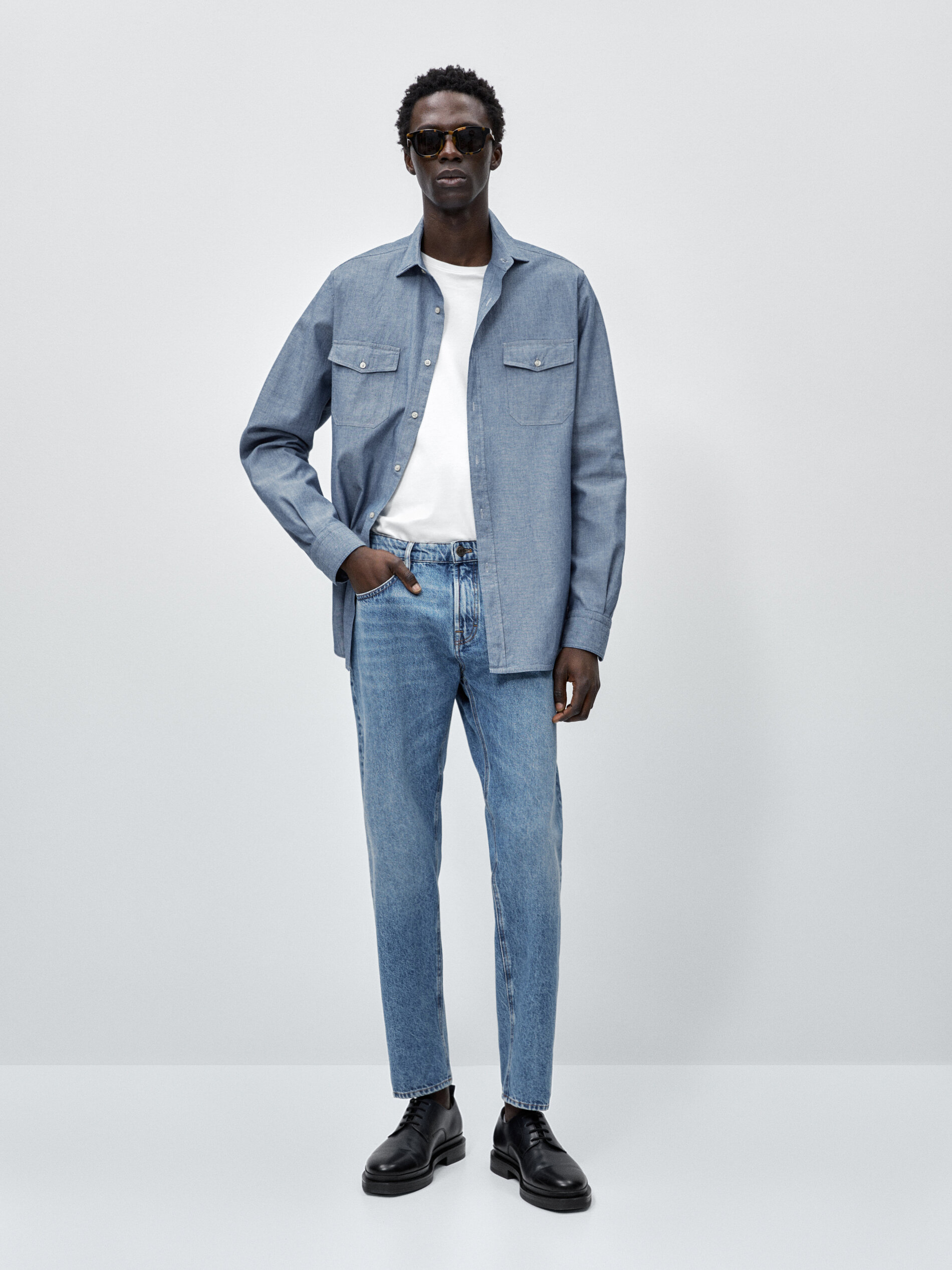 Camisa denim chambray bolsillos regular fit - Azul Claro