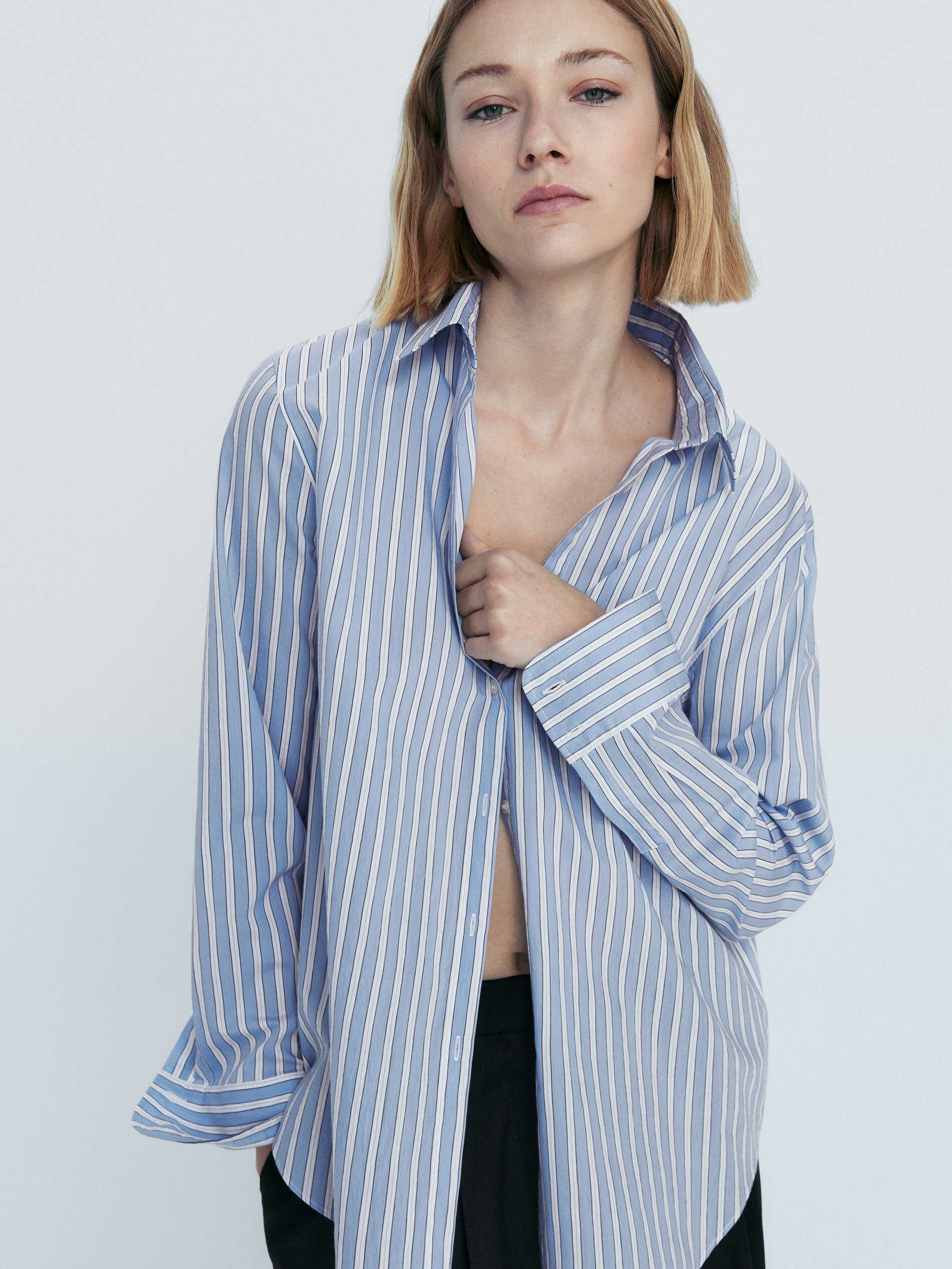 Camisa mezcla algodón doble raya - CELESTE