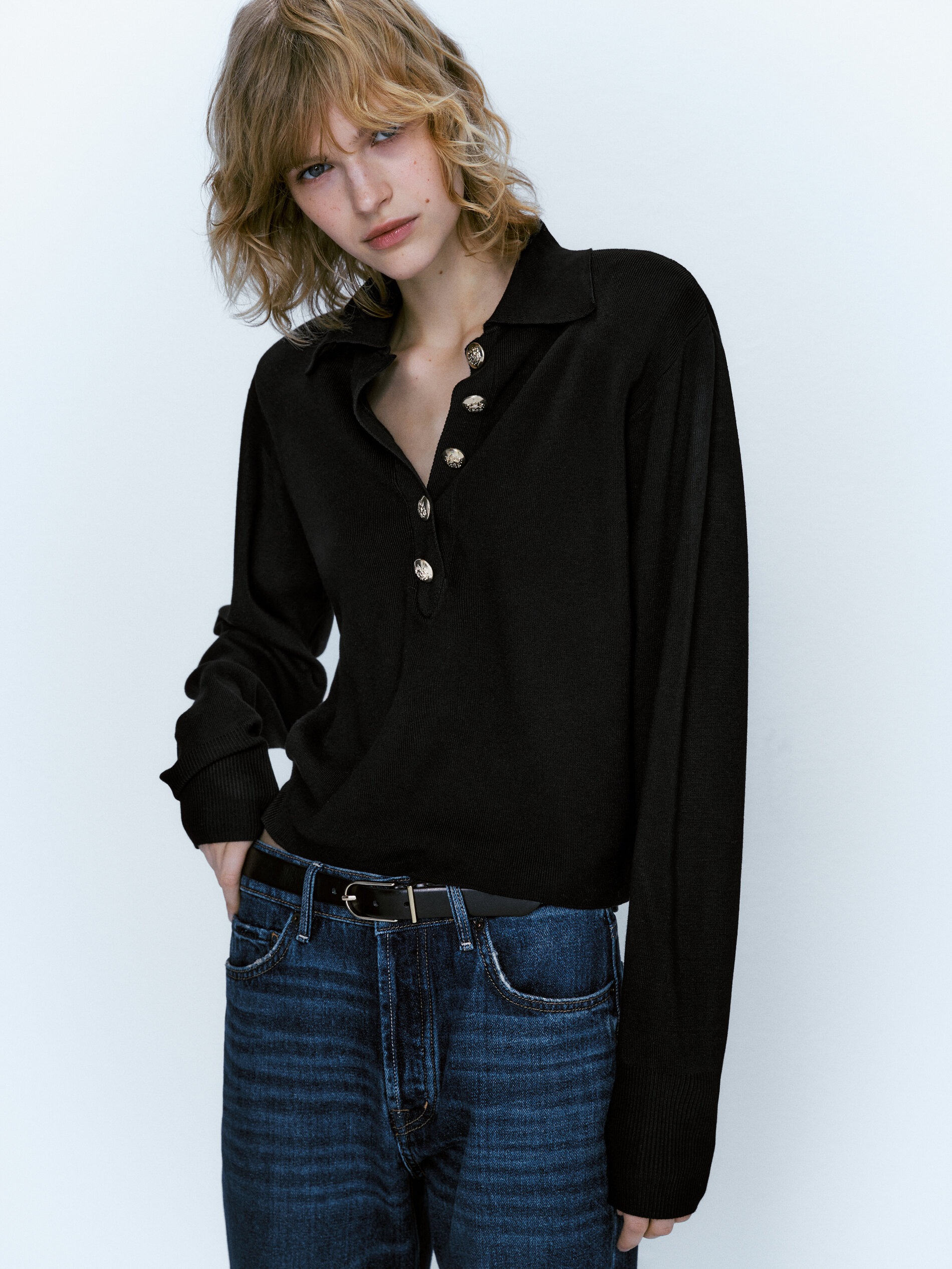 Jersey polo botones con hombreras - NEGRO