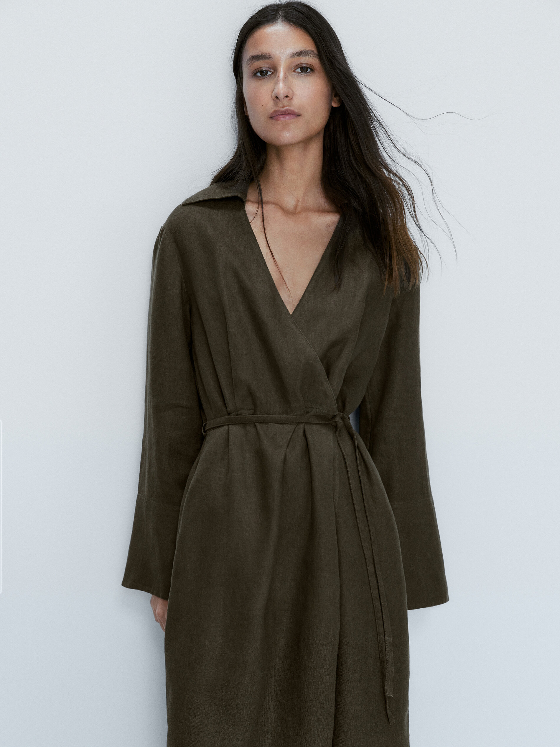 Vestido largo camisero lino - VERDE OSCURO