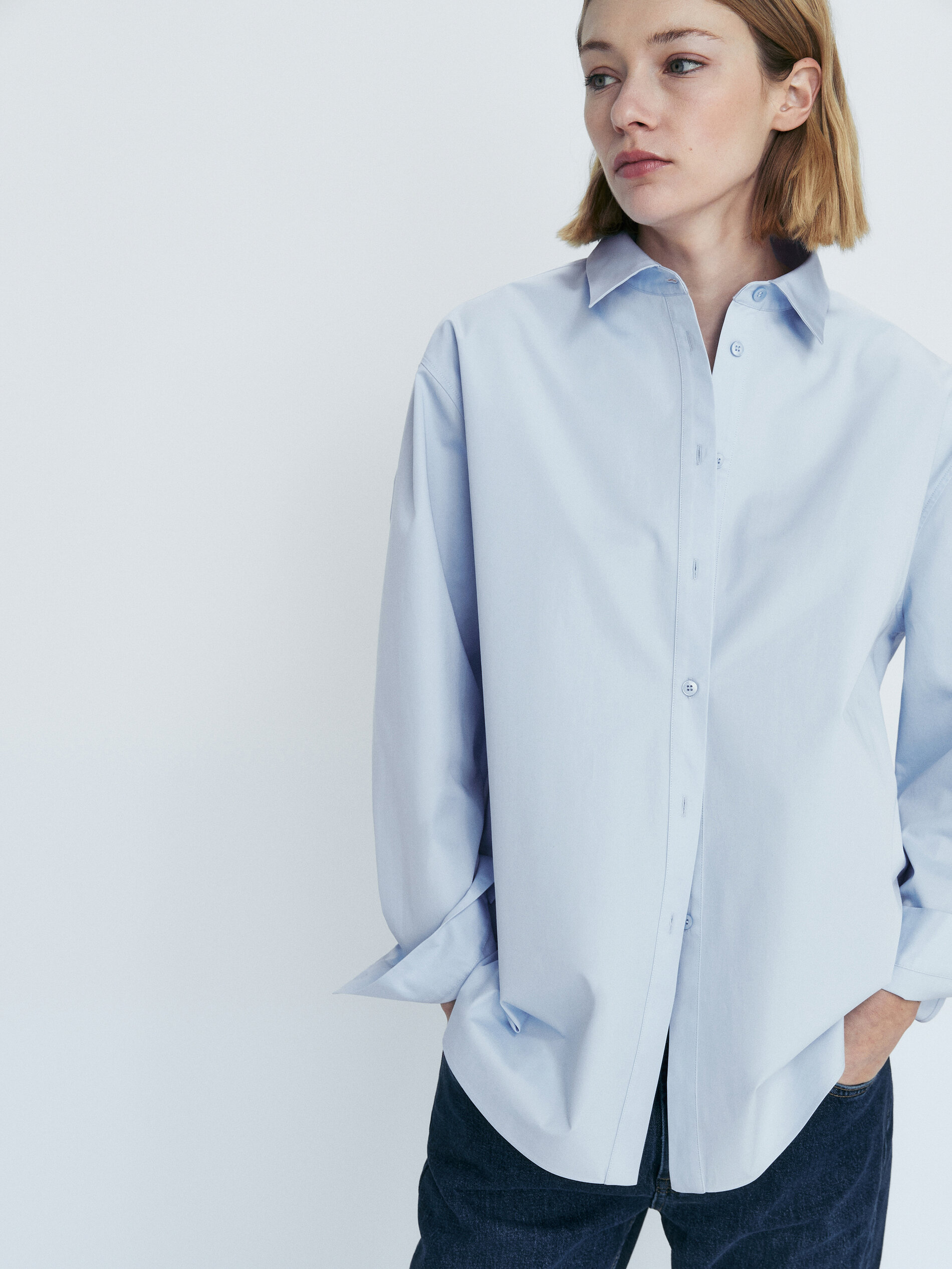 Camisa popelín algodón sarga - CELESTE