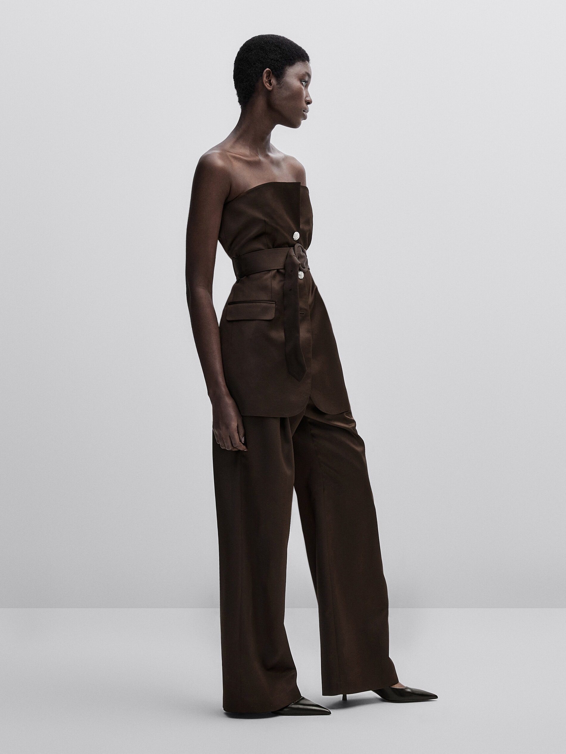 Pantalón ancho satinado pinzas -Studio - MARRÓN