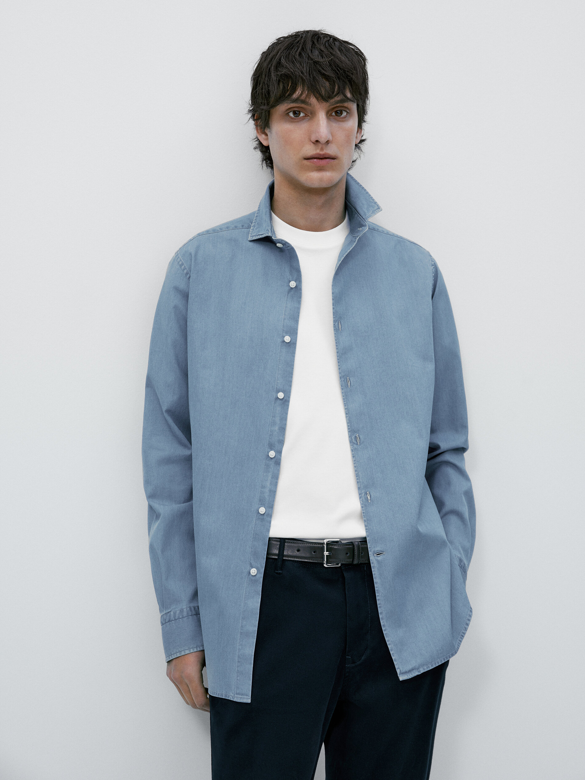 Camisa denim bleach wash slim fit - Azul Claro