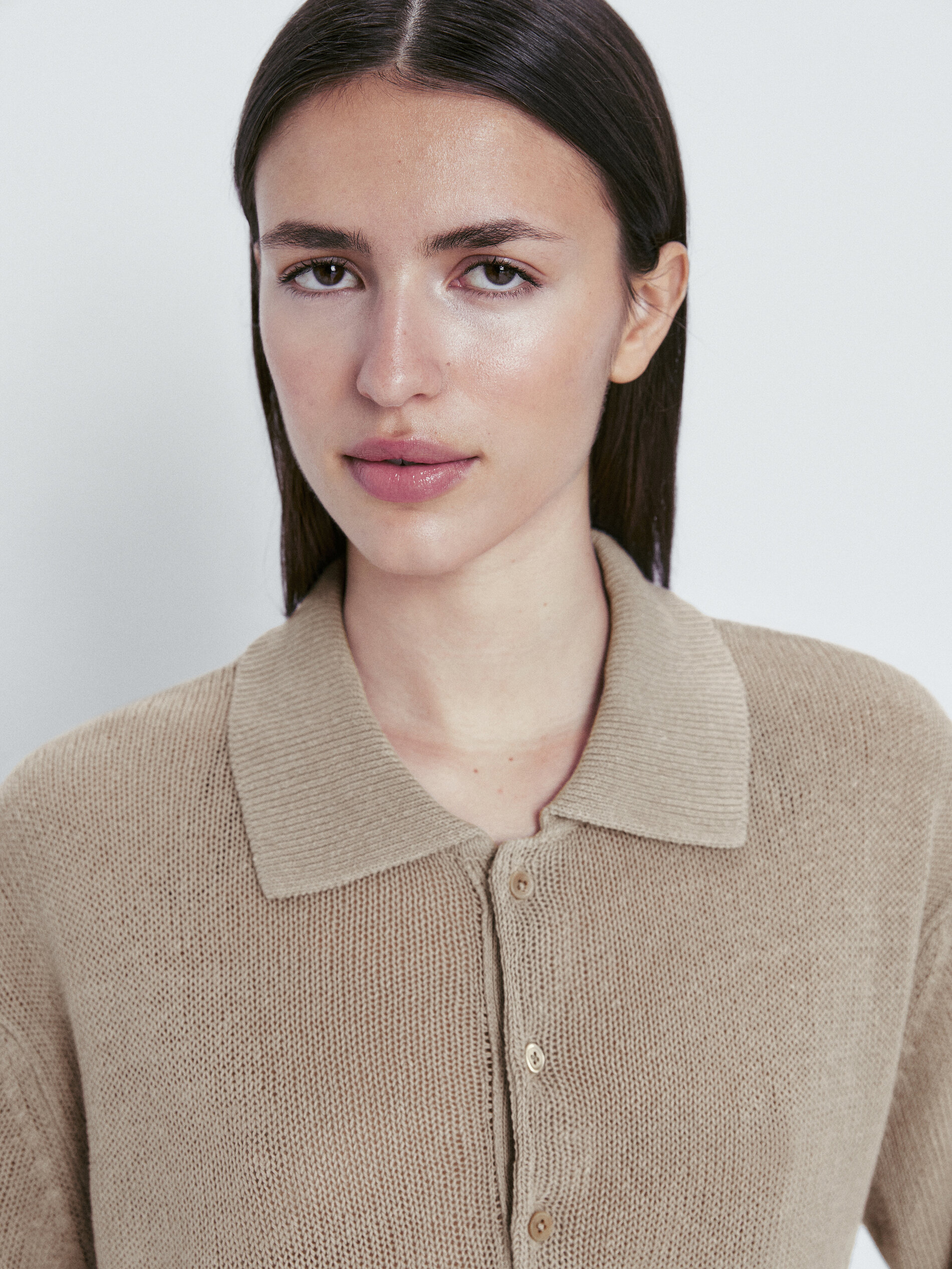 Jersey cuello polo botones 100% lino - Piedra