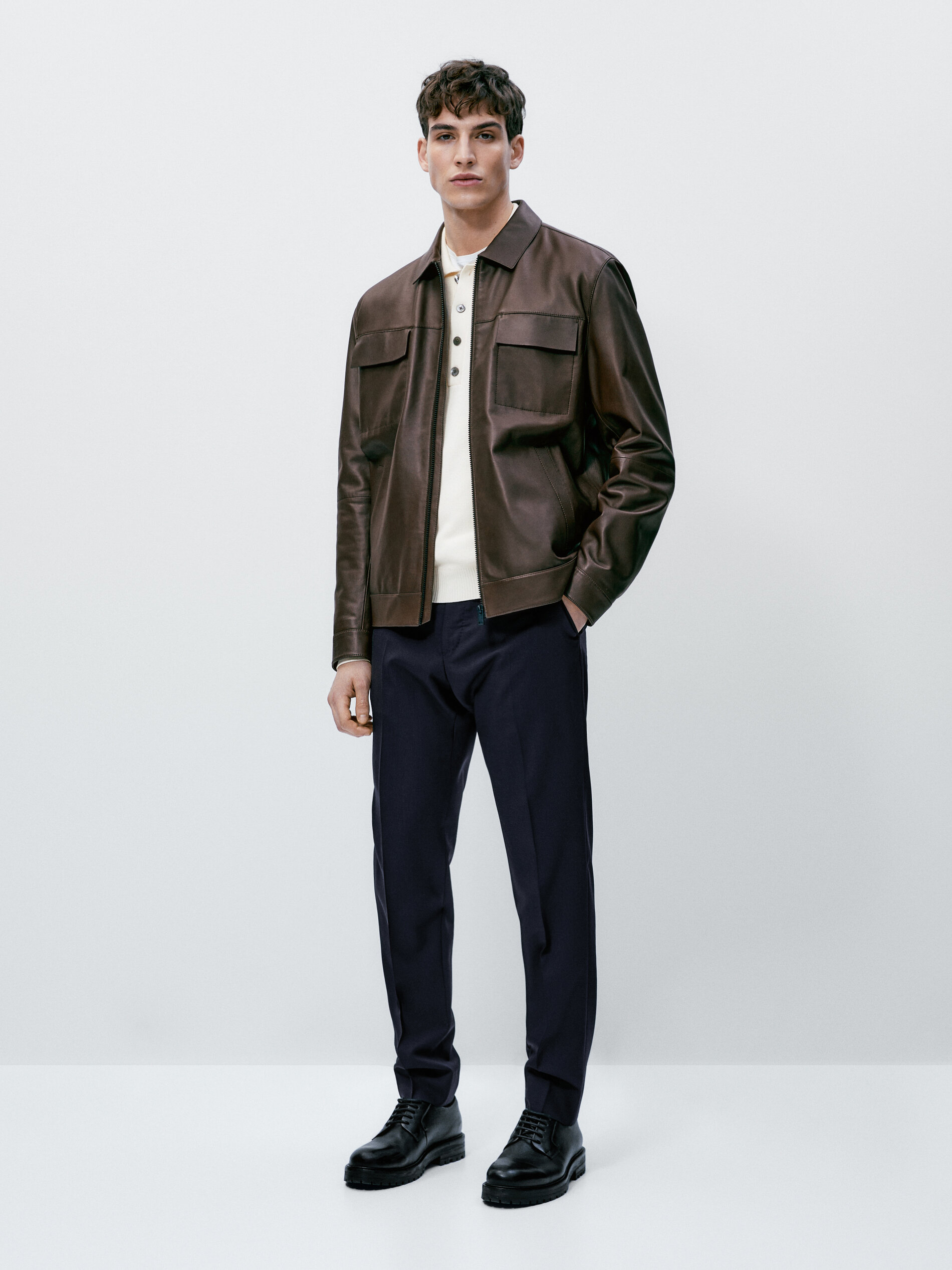 Chaqueta piel napa bolsillos marrón - MARRÓN