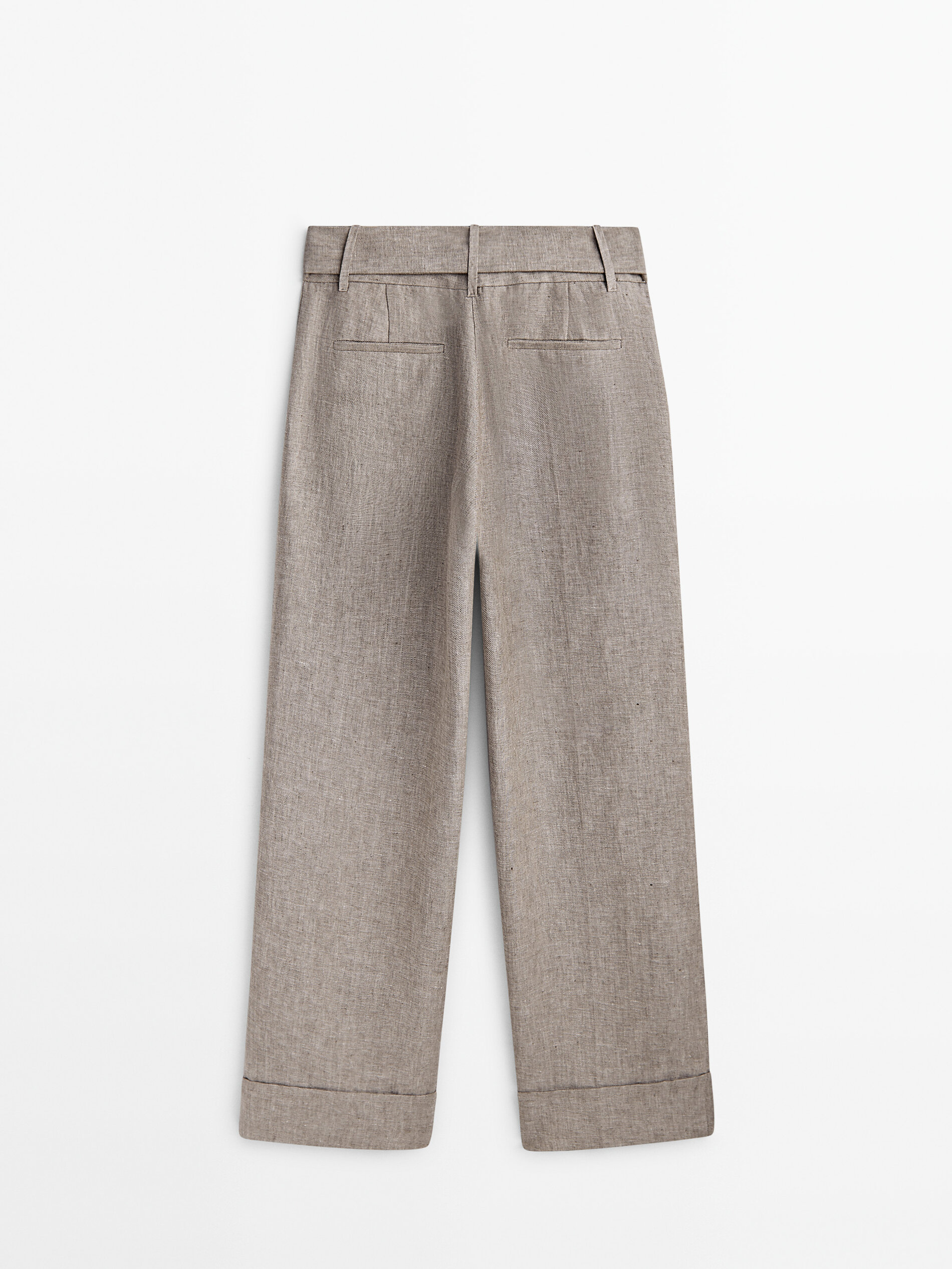 Pantalón lino cinturón - MARRÓN