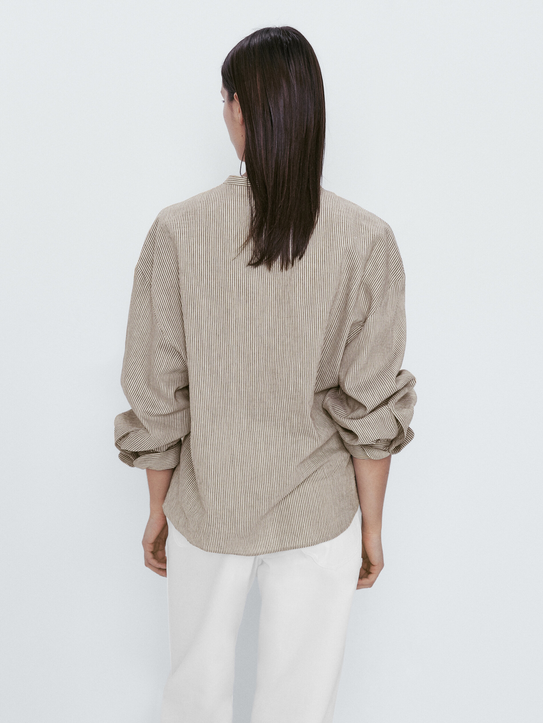 Camisa rayas manga volumen cuello mao - MARRÓN