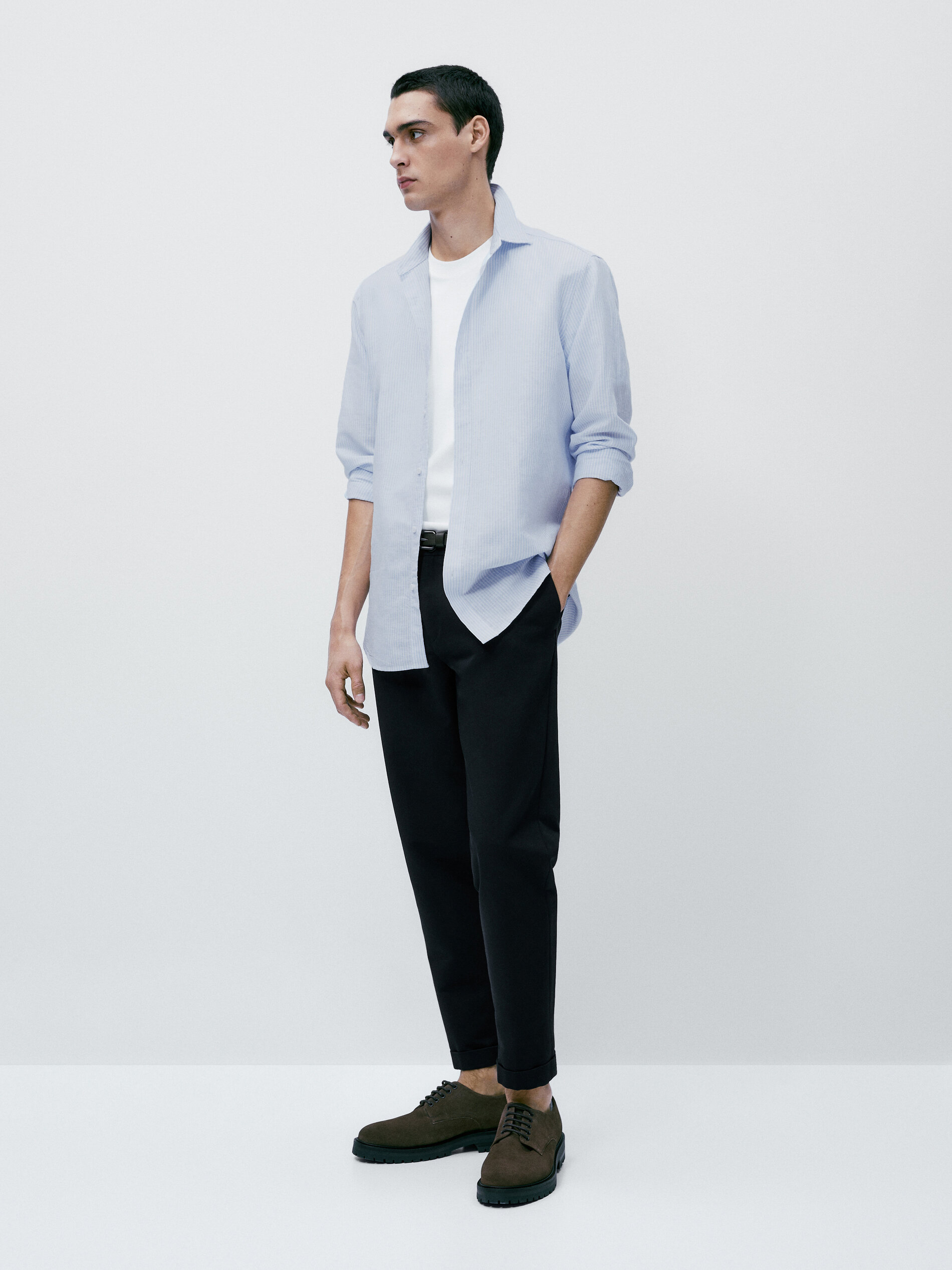 Camisa rayas con lino y algodón slim fit - Azul celeste