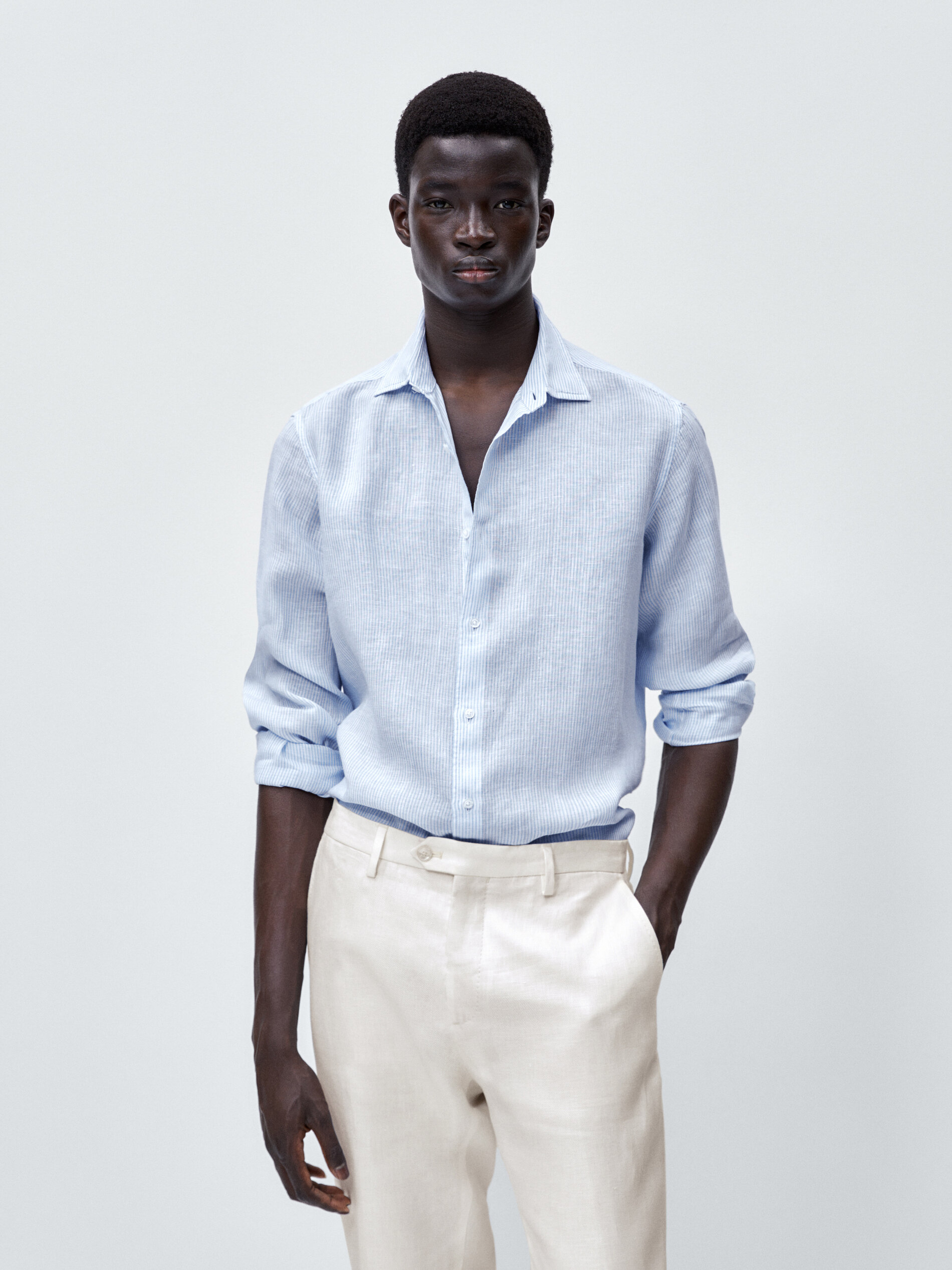 Camisa micro rayas lino slim fit - CELESTE