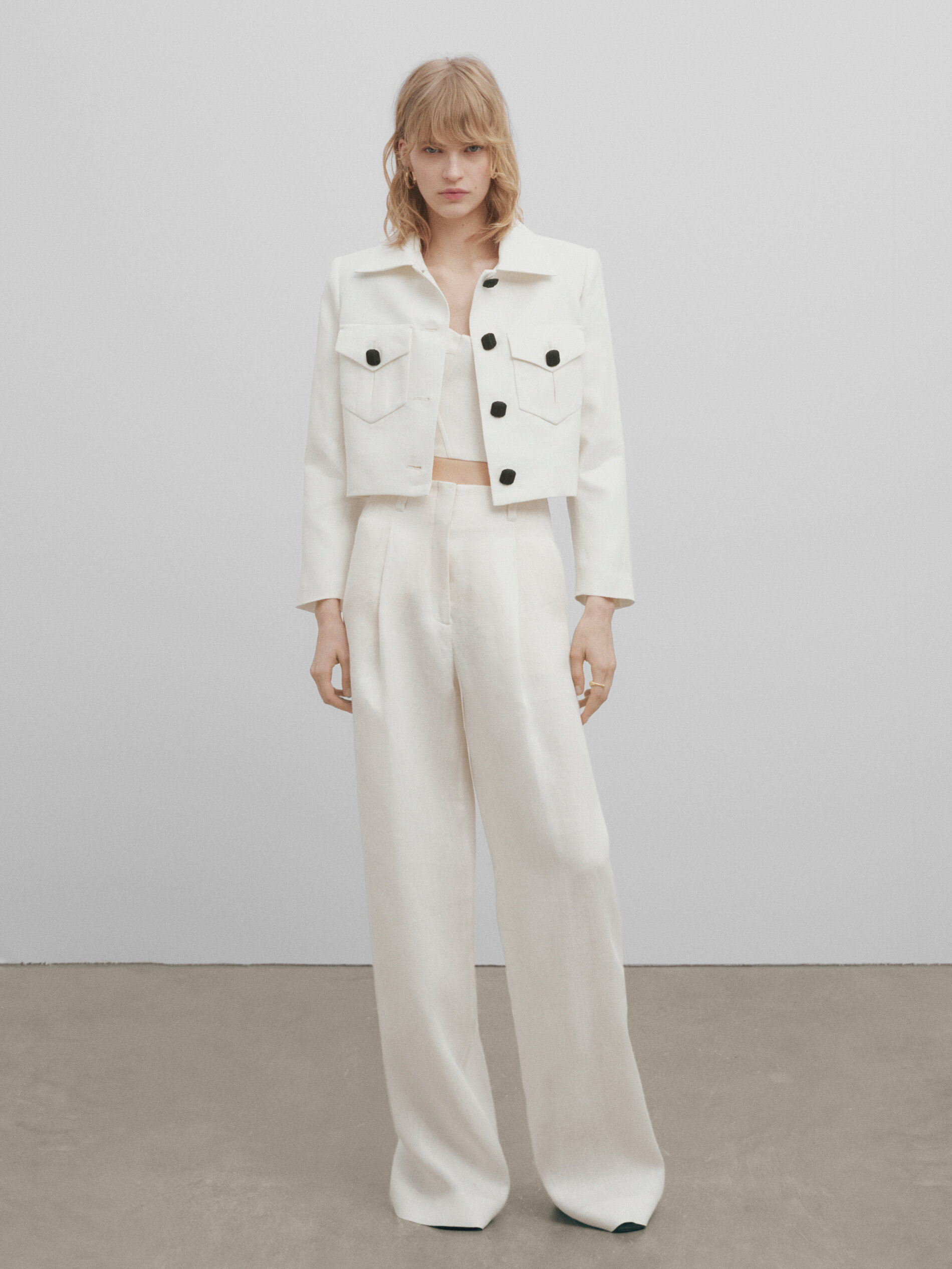 Pantalón pinzas lino jacquard -Studio - BLANCO