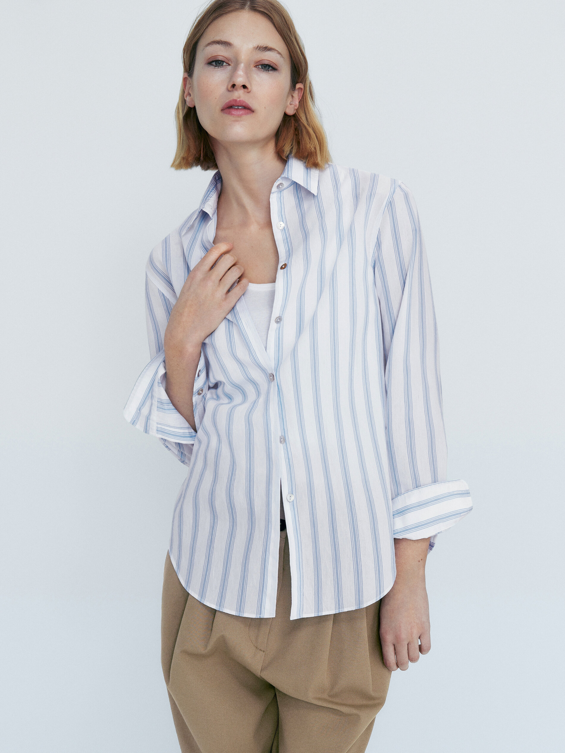 Camisa mezcla algodón doble raya - Azul Claro