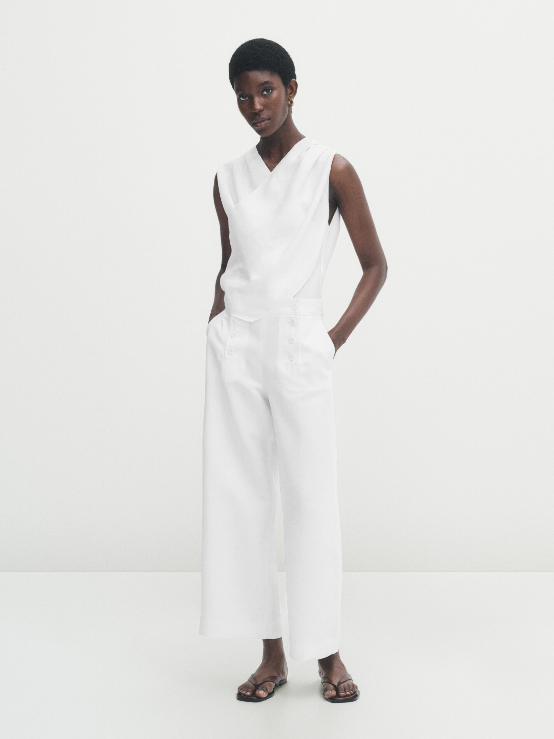 Pantalón ancho mezcla algodón lino botones - BLANCO