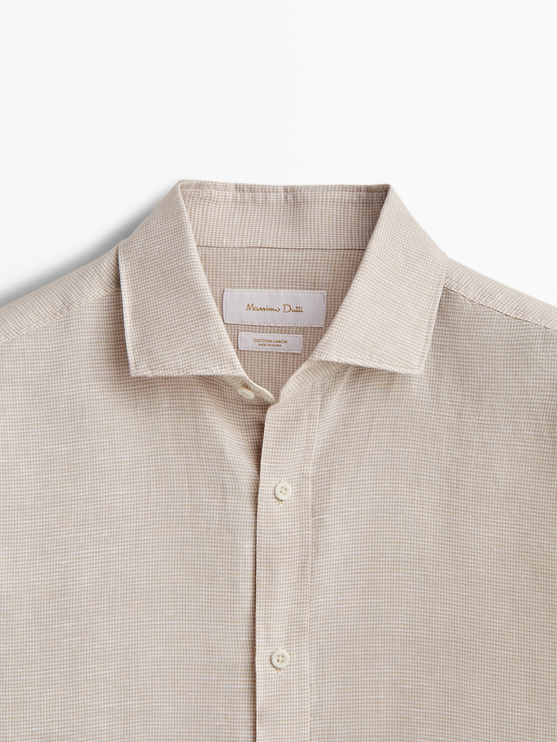 Camisa con lino pata de gallo slim fit - BEIGE