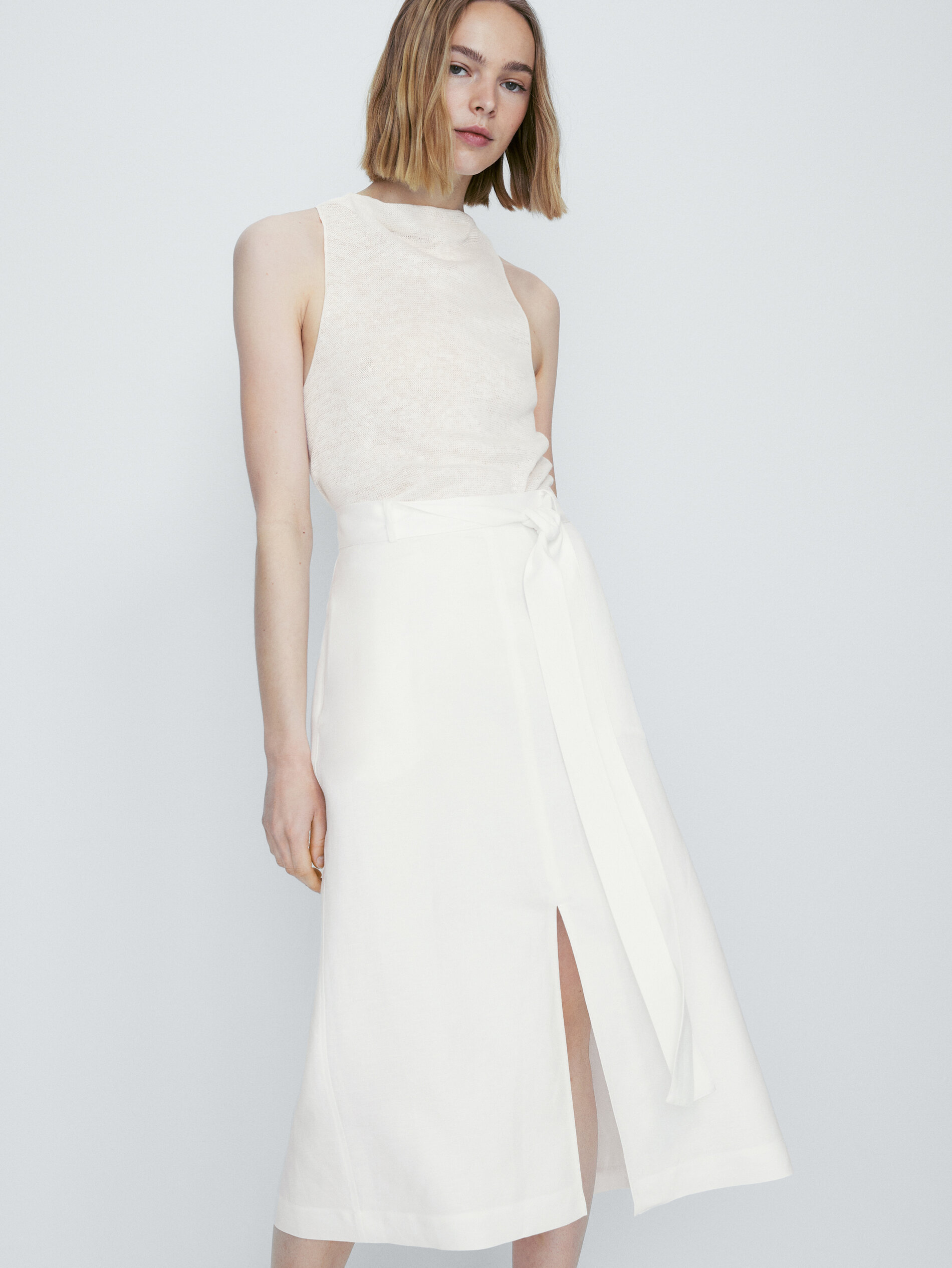 Falda midi con lino aberturas - BLANCO