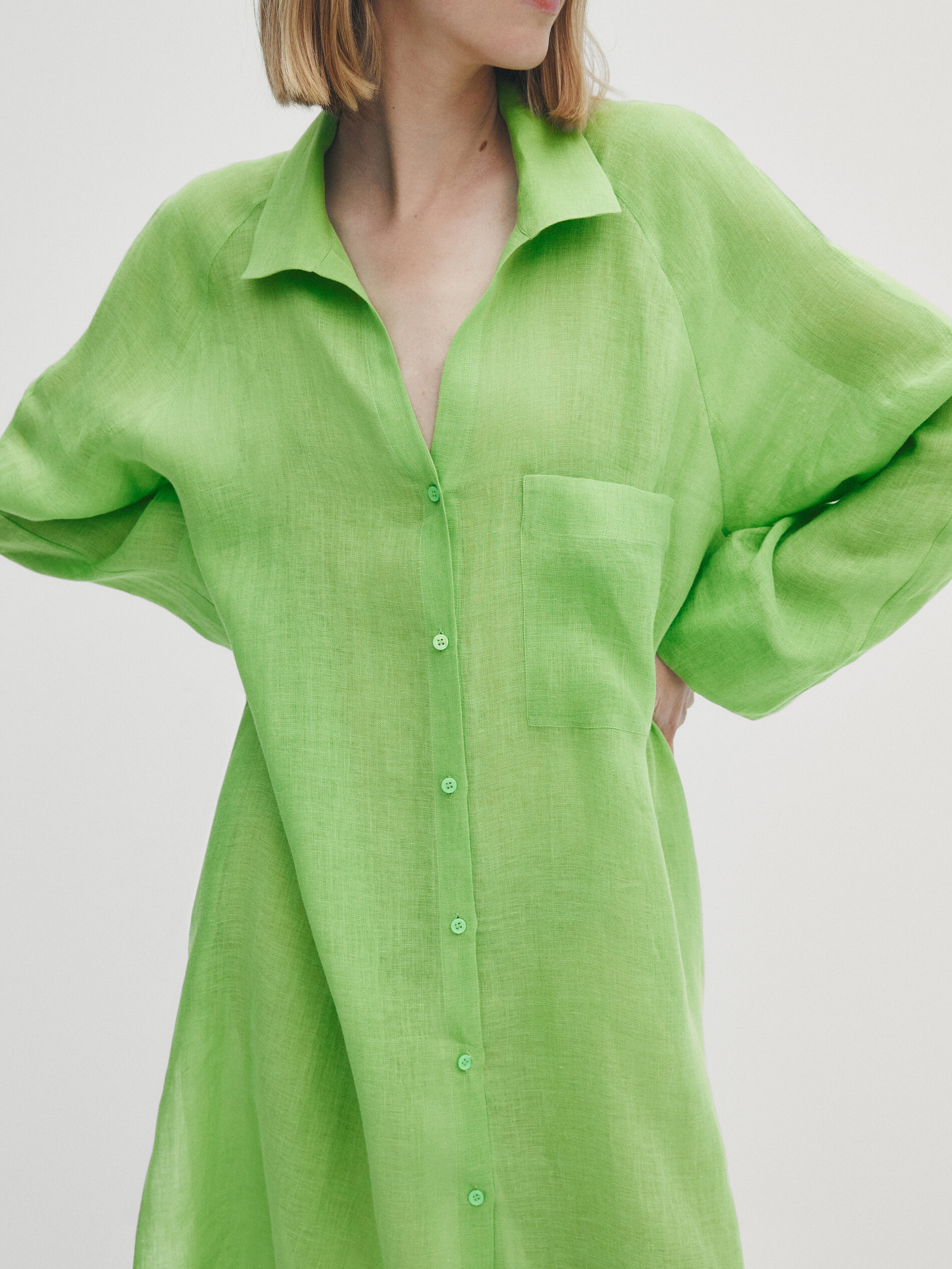 Maxi blusón camisero 100% lino bolsillo - VERDE CLARO