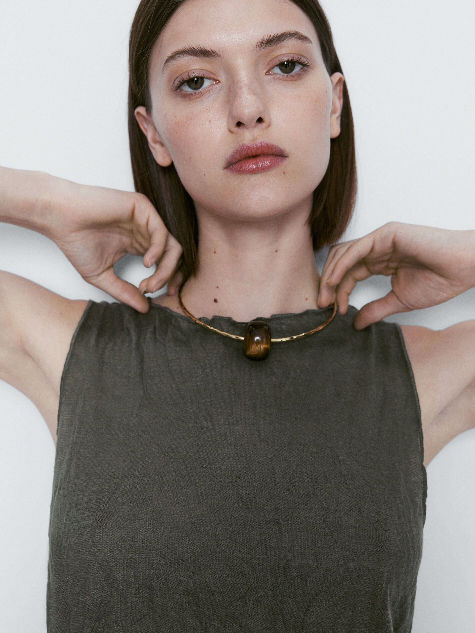 Camiseta mezcla lino efecto arrugado - KAKI CLARO