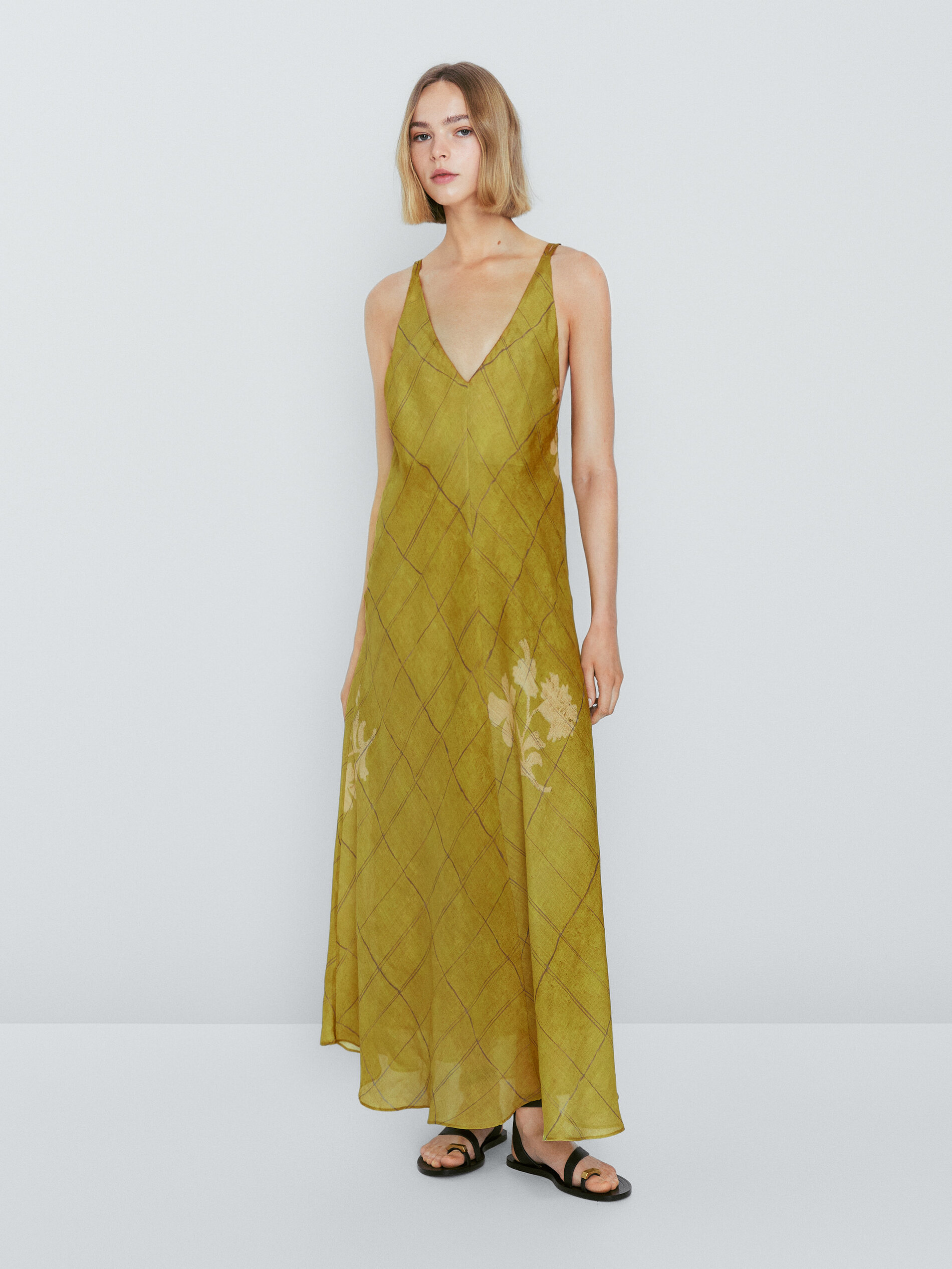 Vestido largo tirantes estampado cuadros - OLIVA