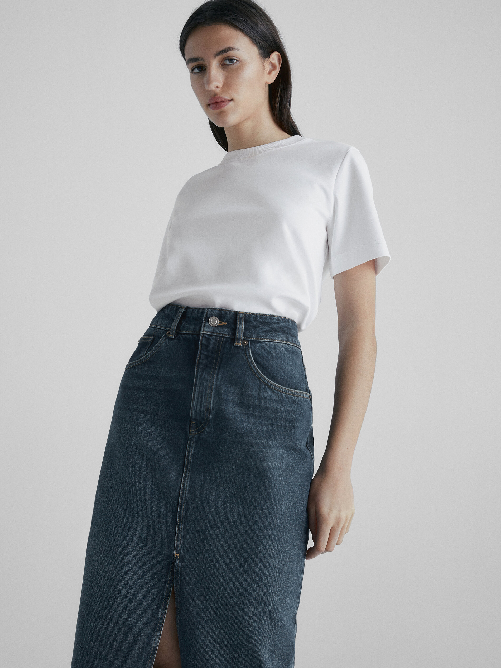 Falda denim tiro alto efecto lavado - AZUL MEDIO