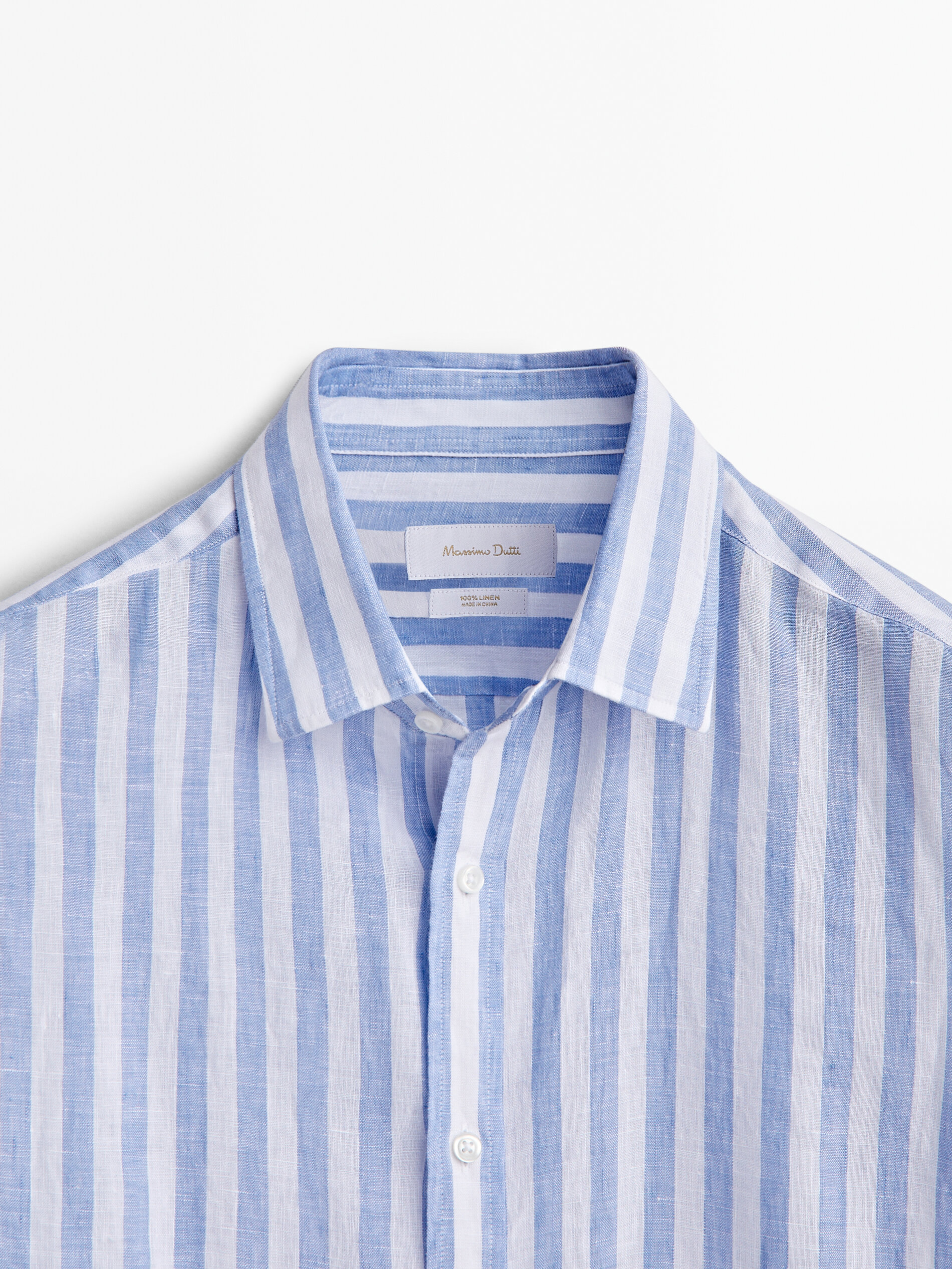 Camisa rayas anchas 100% lino slim fit - CELESTE