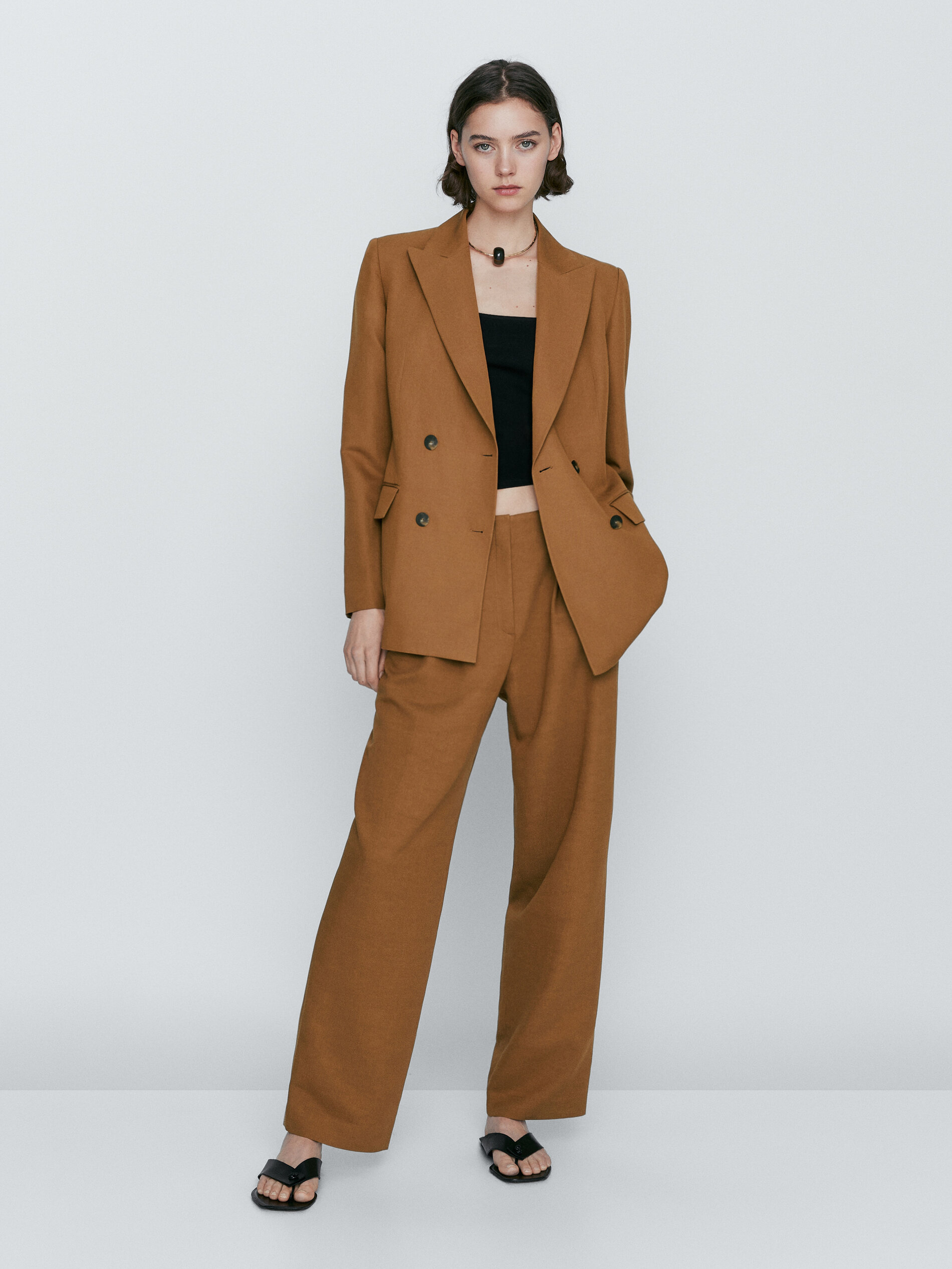 Pantalón recto doble pinza - Caramelo