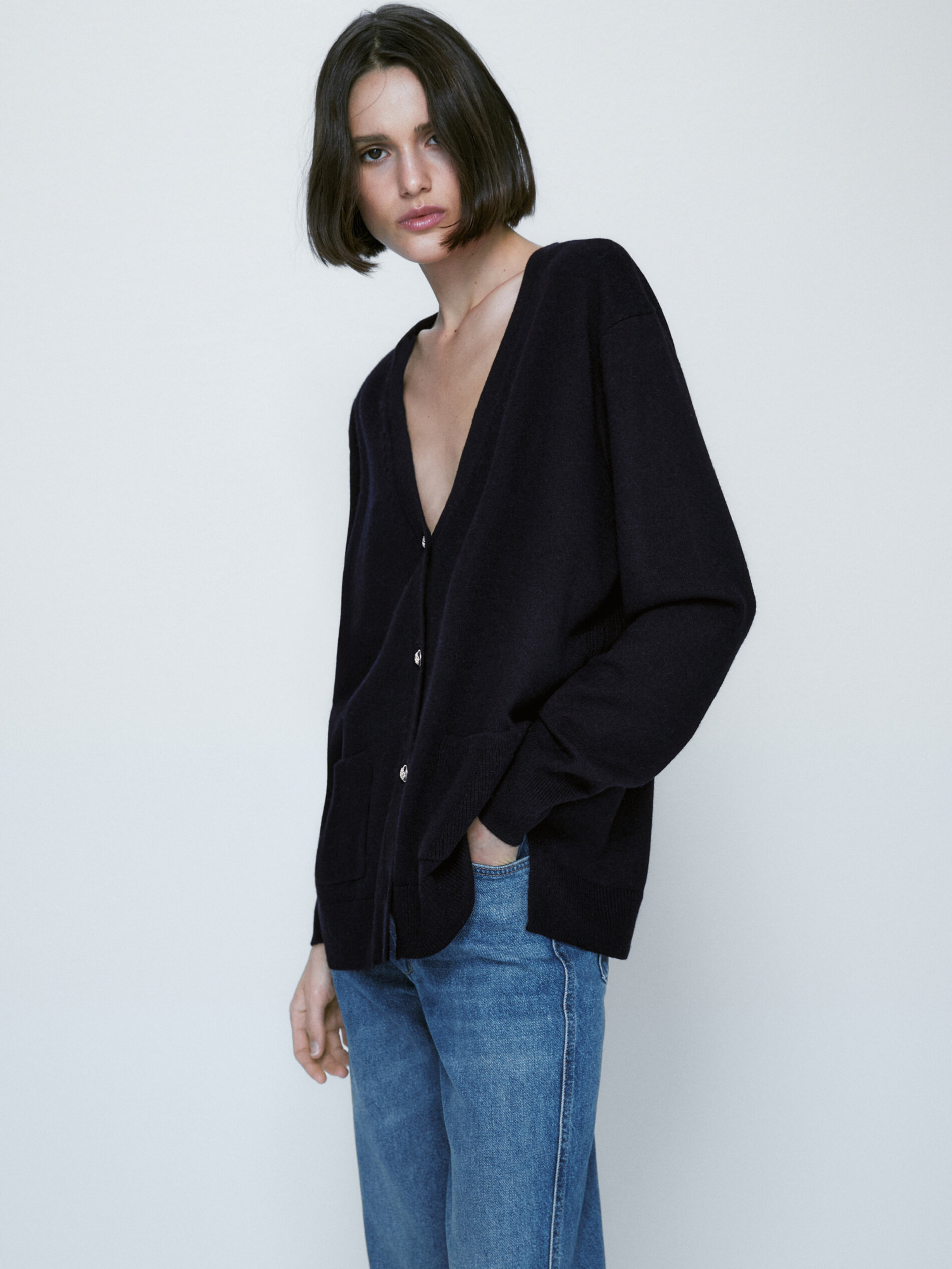 Cárdigan botones mezcla lana cashmere - AZUL MARINO