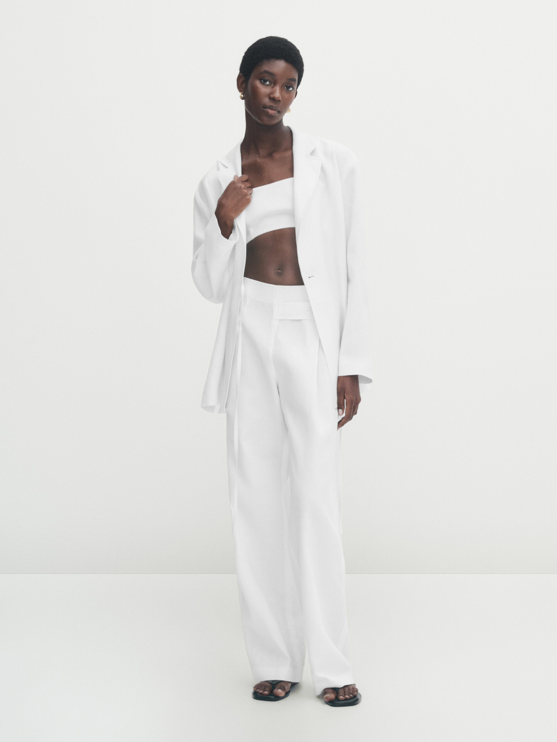 Pantalón ancho lino encerado tira abotonada - BLANCO