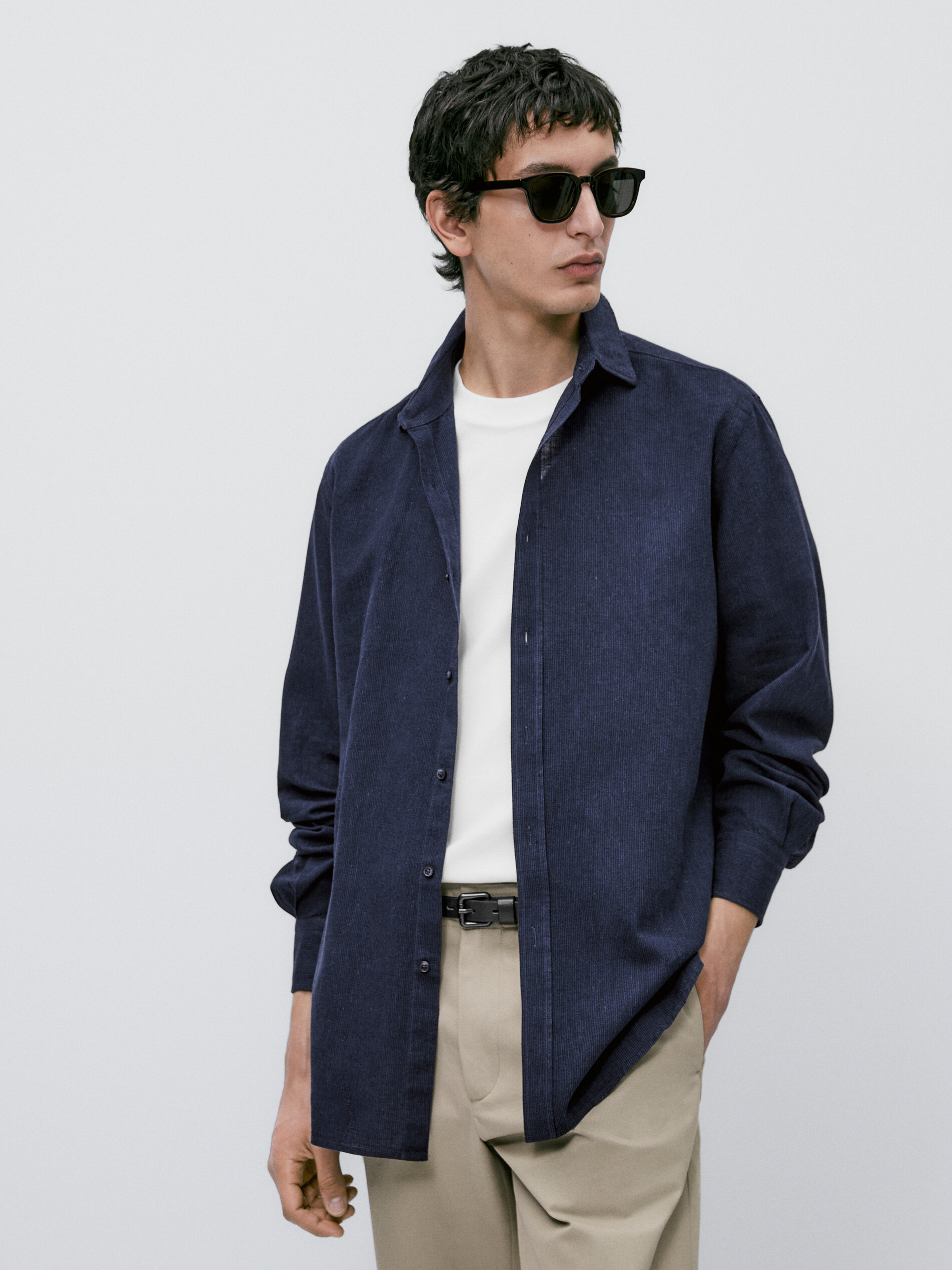 Camisa mil rayas con lino y algodón slim fit - AZUL MARINO