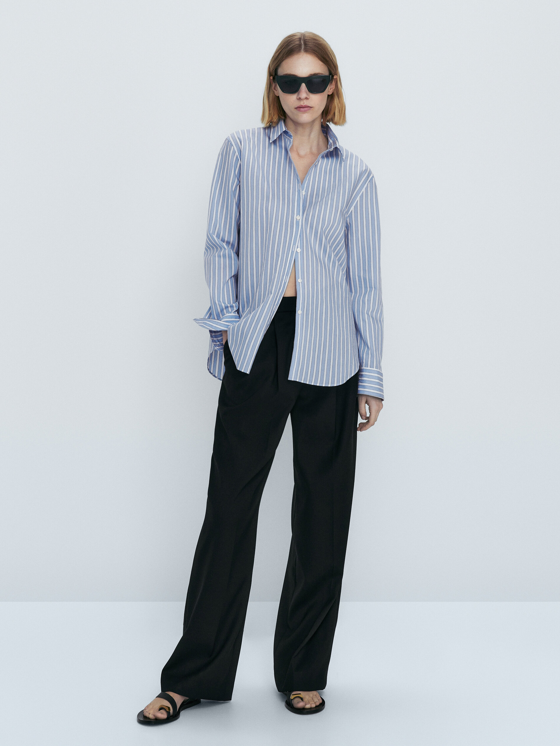 Camisa mezcla algodón doble raya - CELESTE