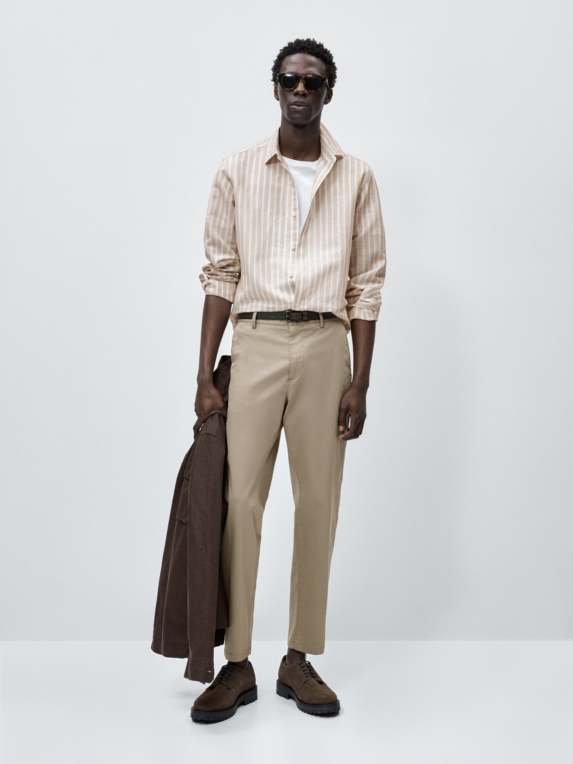 Camisa rayas con lino y algodón slim fit - BEIGE