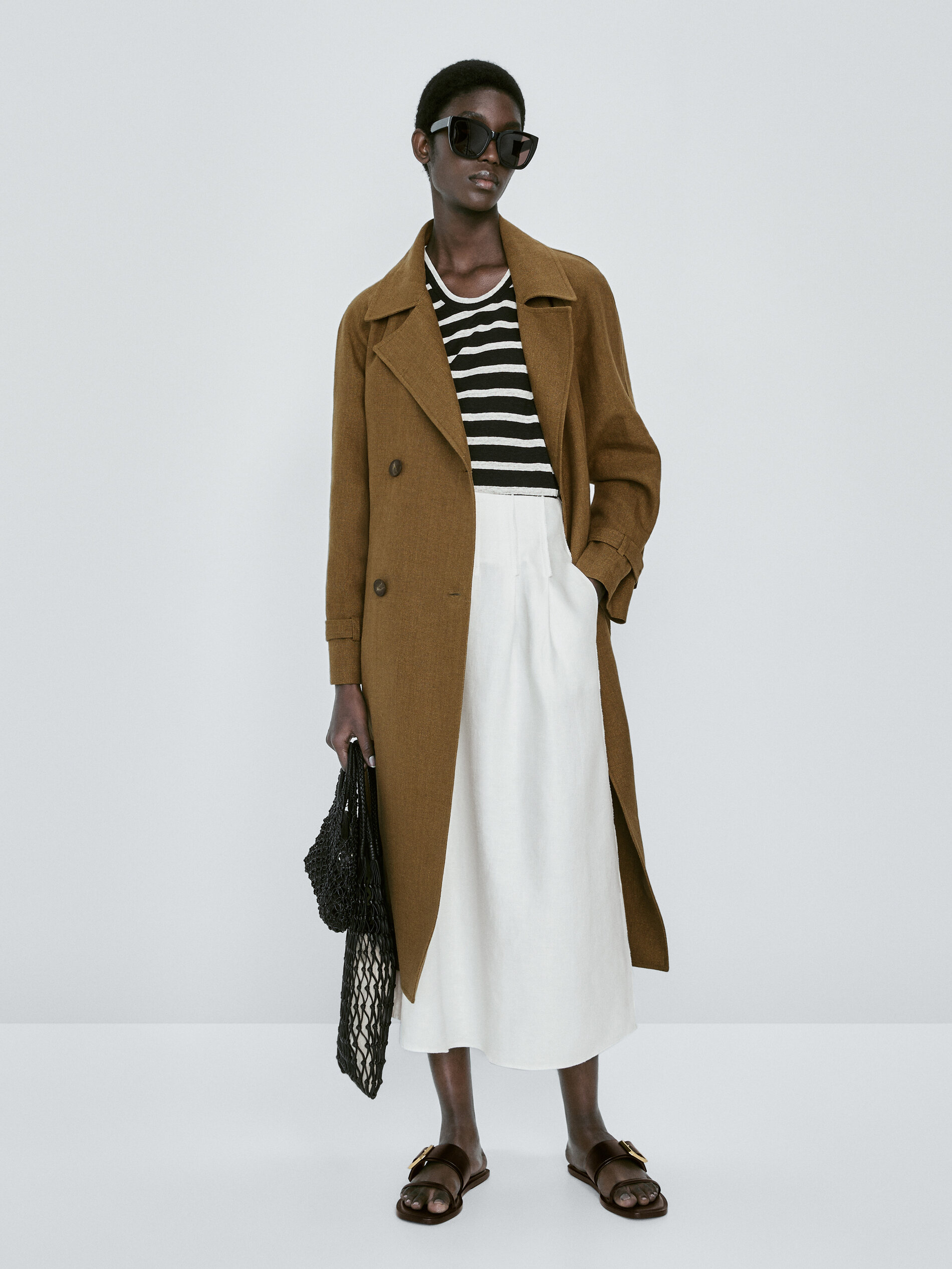 Falda midi lino pinzas detalle costuras - BLANCO