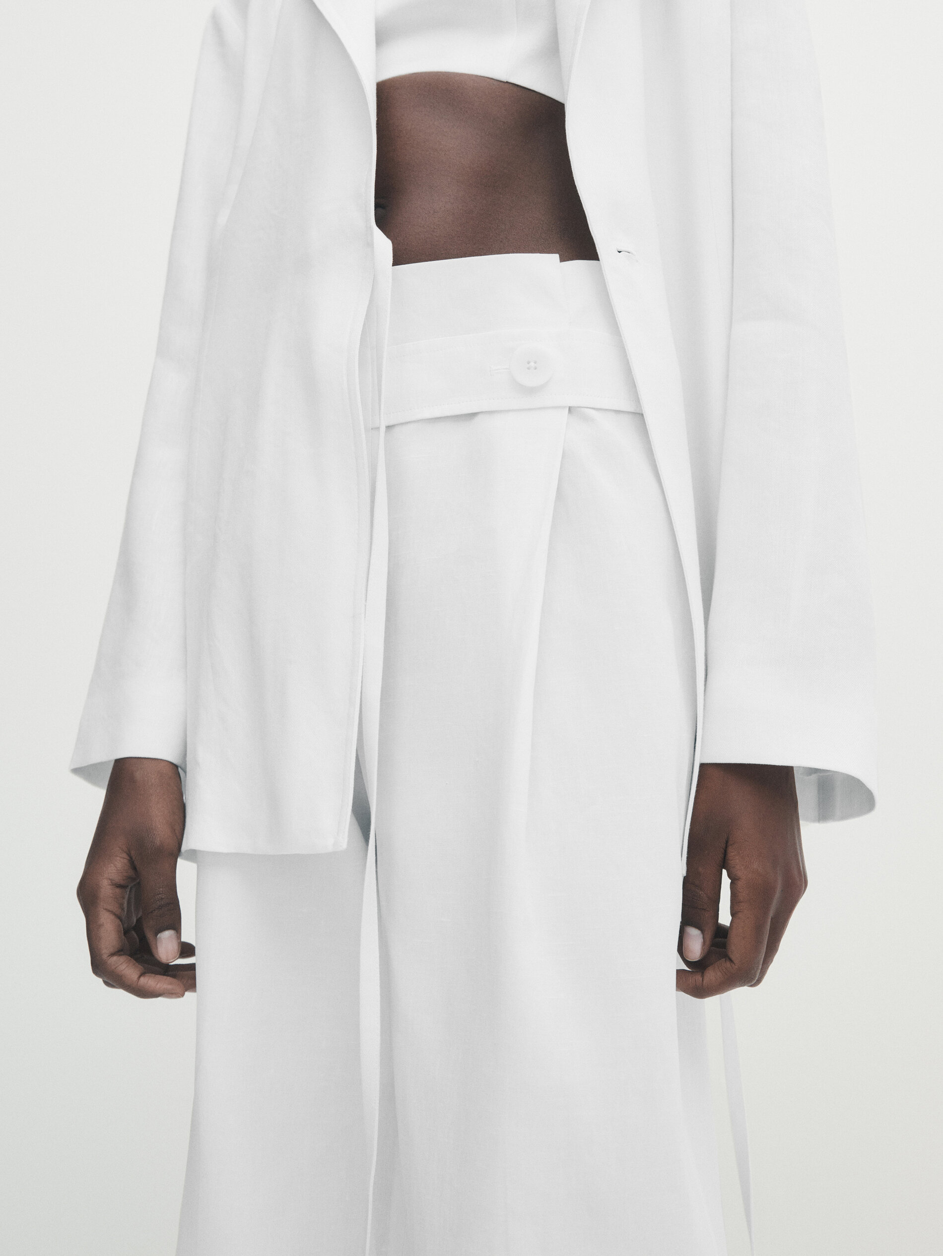 Pantalón ancho lino encerado tira abotonada - BLANCO