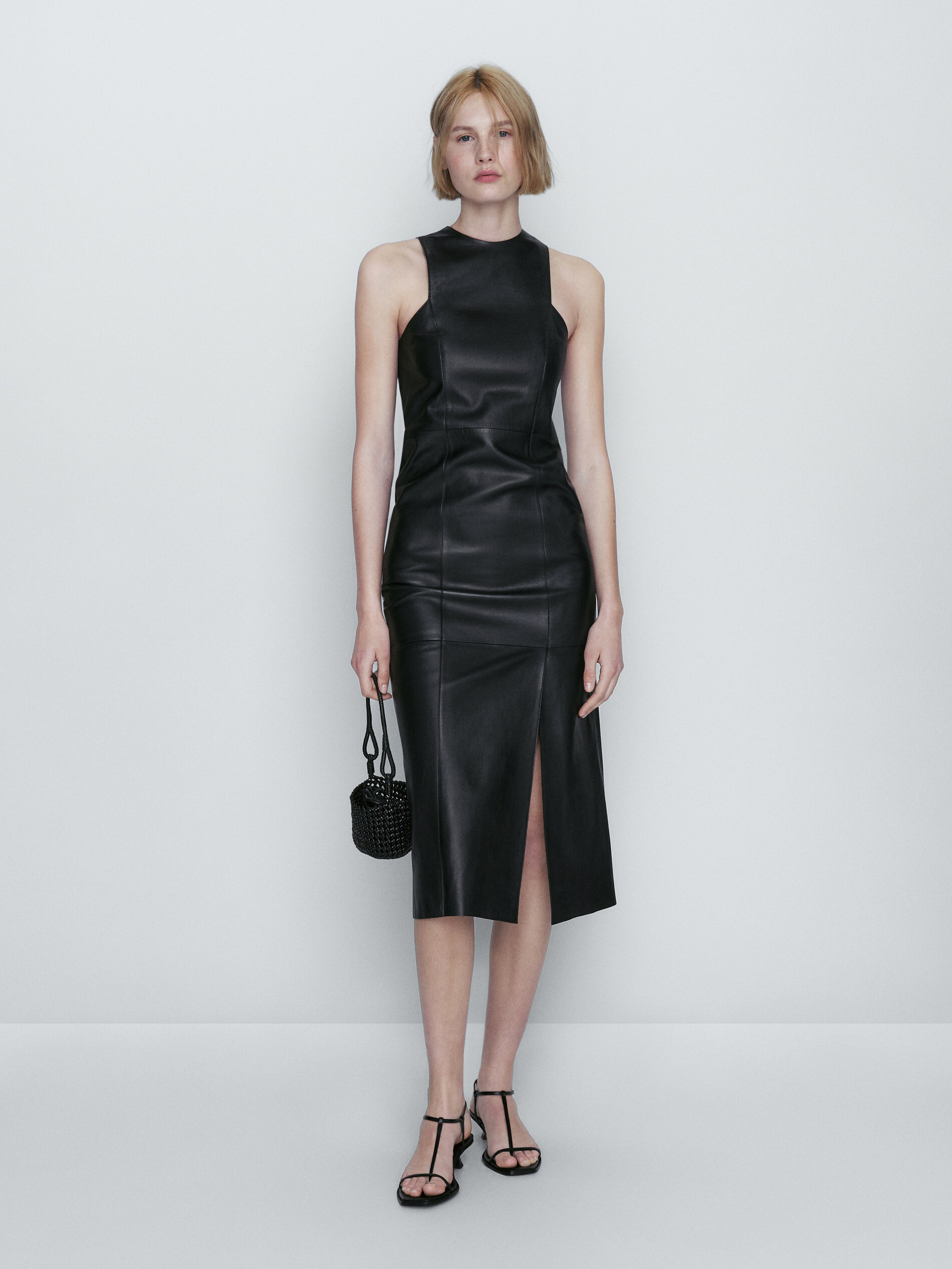 Vestido midi negro piel napa - NEGRO