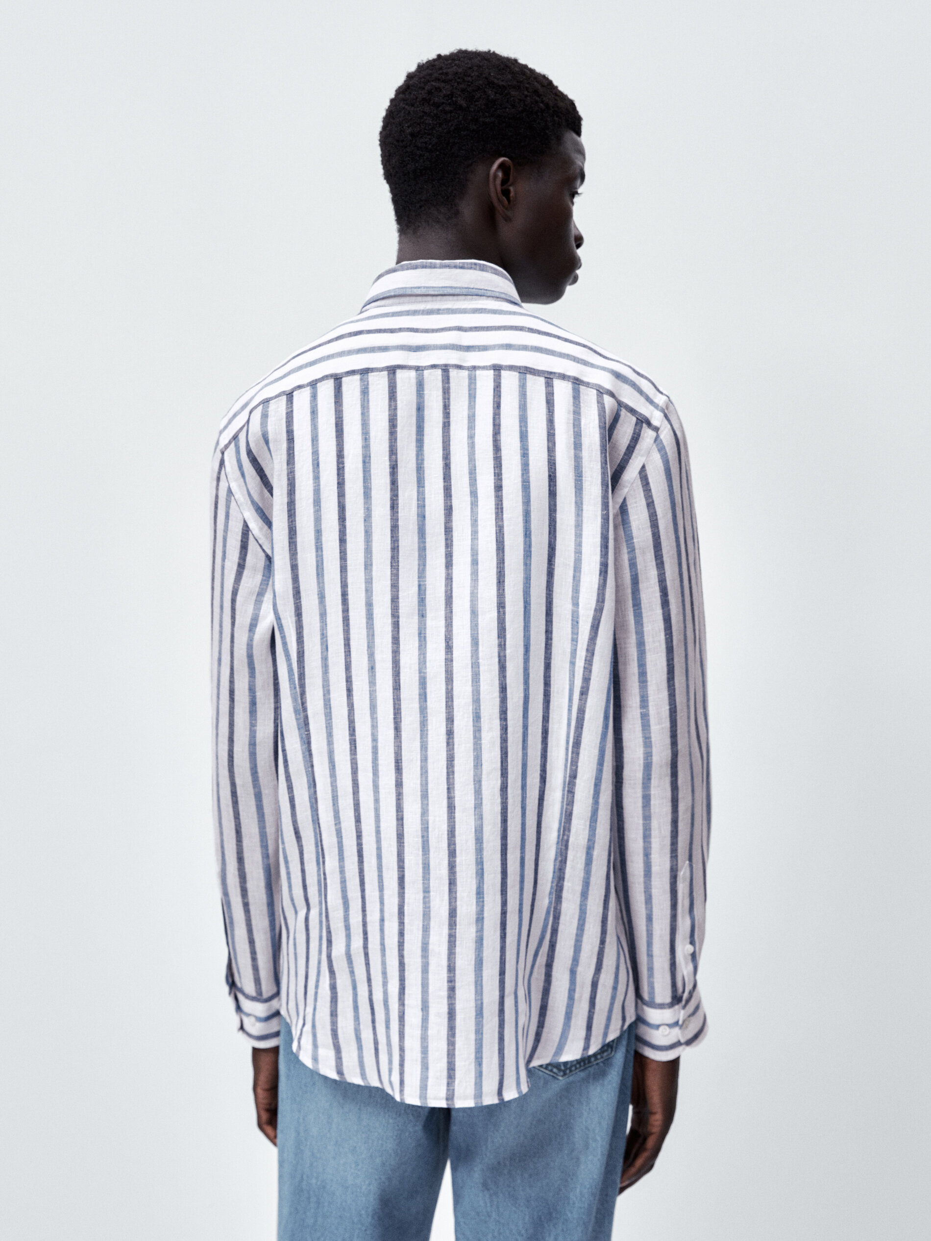 Camisa rayas doble tono lino slim fit - Azul Claro